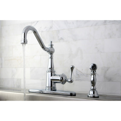 Kingston Chrome English Vintage 1 hdl Kitchen Faucet w\Brass Spray KS7811BLBS