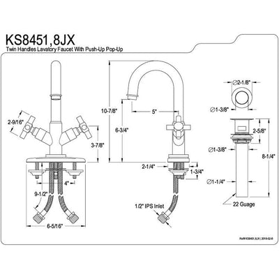 Kingston Concord Chrome Two Handle Bathroom Faucet w/ Push-up Drain KS8451JX