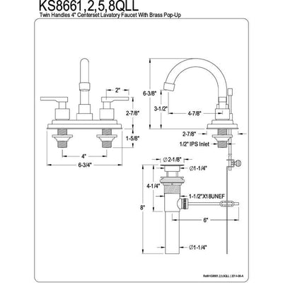 Kingston Brass Chrome 2 Handle 4" Centerset Bathroom Faucet w Pop-up KS8661QLL