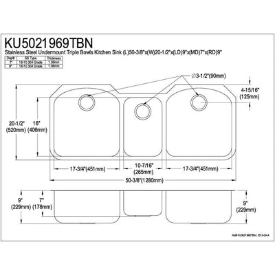 Kingston Brushed Nickel Denver Triple Bowl Undermount Kitchen Sink KU5021969TBN