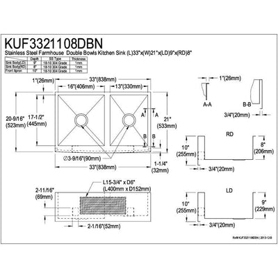 Brushed Nickel Double Bowl Farmhouse Undermount Kitchen Sink KUF3321108DBN