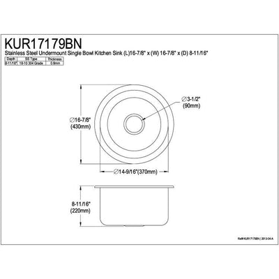 Kingston Brushed Nickel Single Bowl Round Undermount Kitchen Sink KUR17179BN