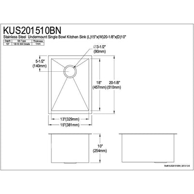 Brushed Nickel Gourmetier Single Bowl Undermount Kitchen Sink KUS201510BN