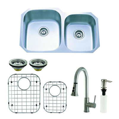 Stainless Steel 2 Bowl Kitchen Sink, Faucet, Strainer, Grid & Soap Dispenser