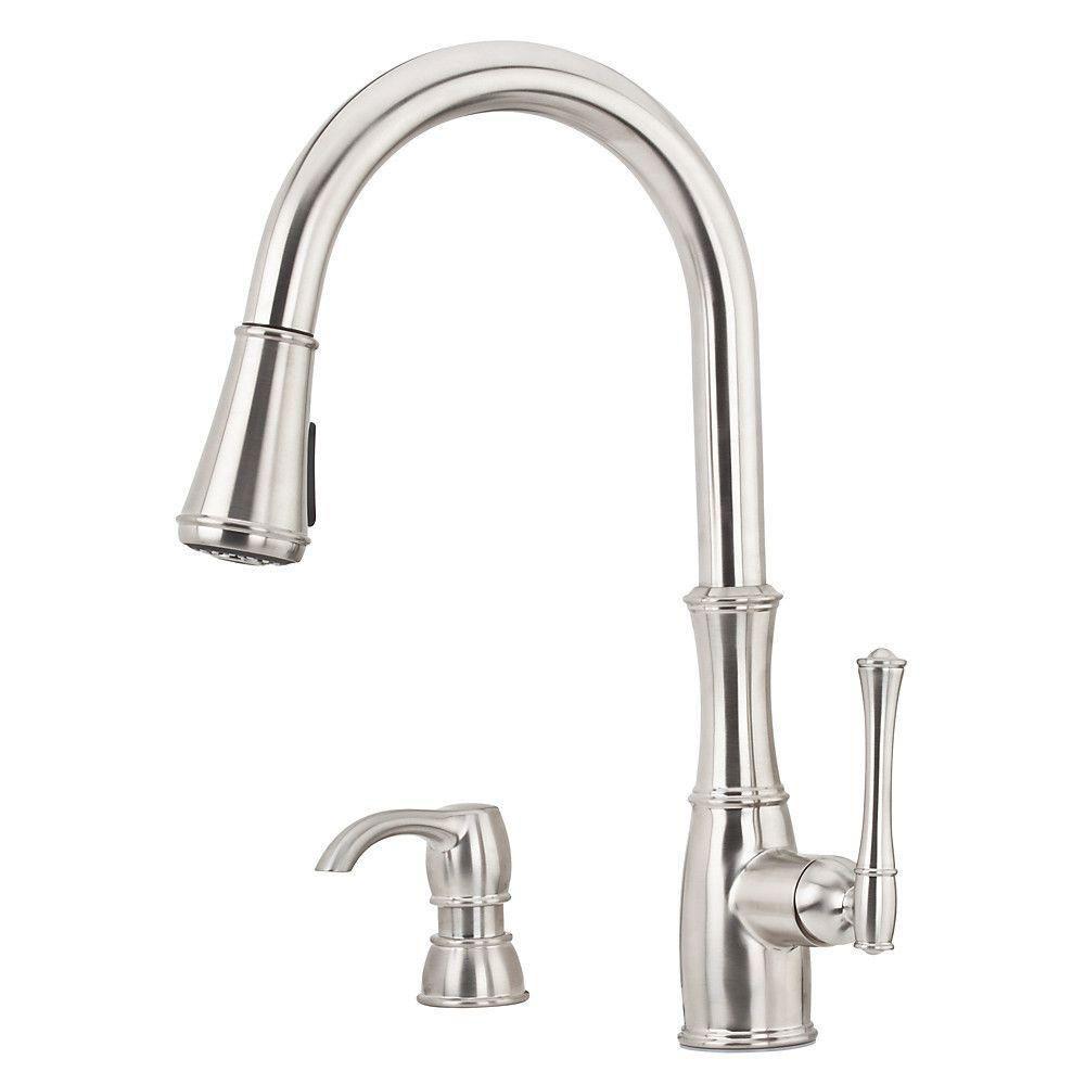 Price Pfister Wheaton Single-Handle Pull-Down Sprayer Kitchen Faucet with Soap Dispenser in Stainless Steel 642770