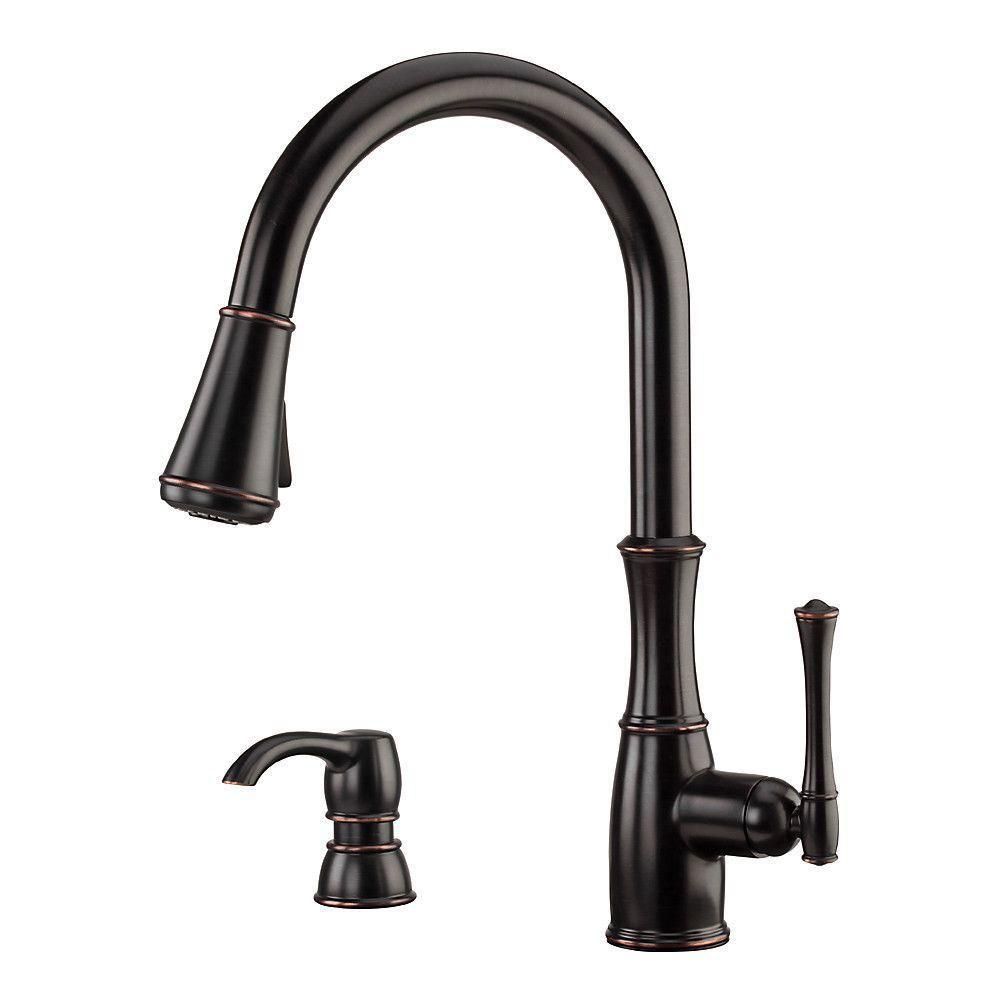 Price Pfister Wheaton Single-Handle Pull-Down Sprayer Kitchen Faucet with Soap Dispenser in Tuscan Bronze 642771