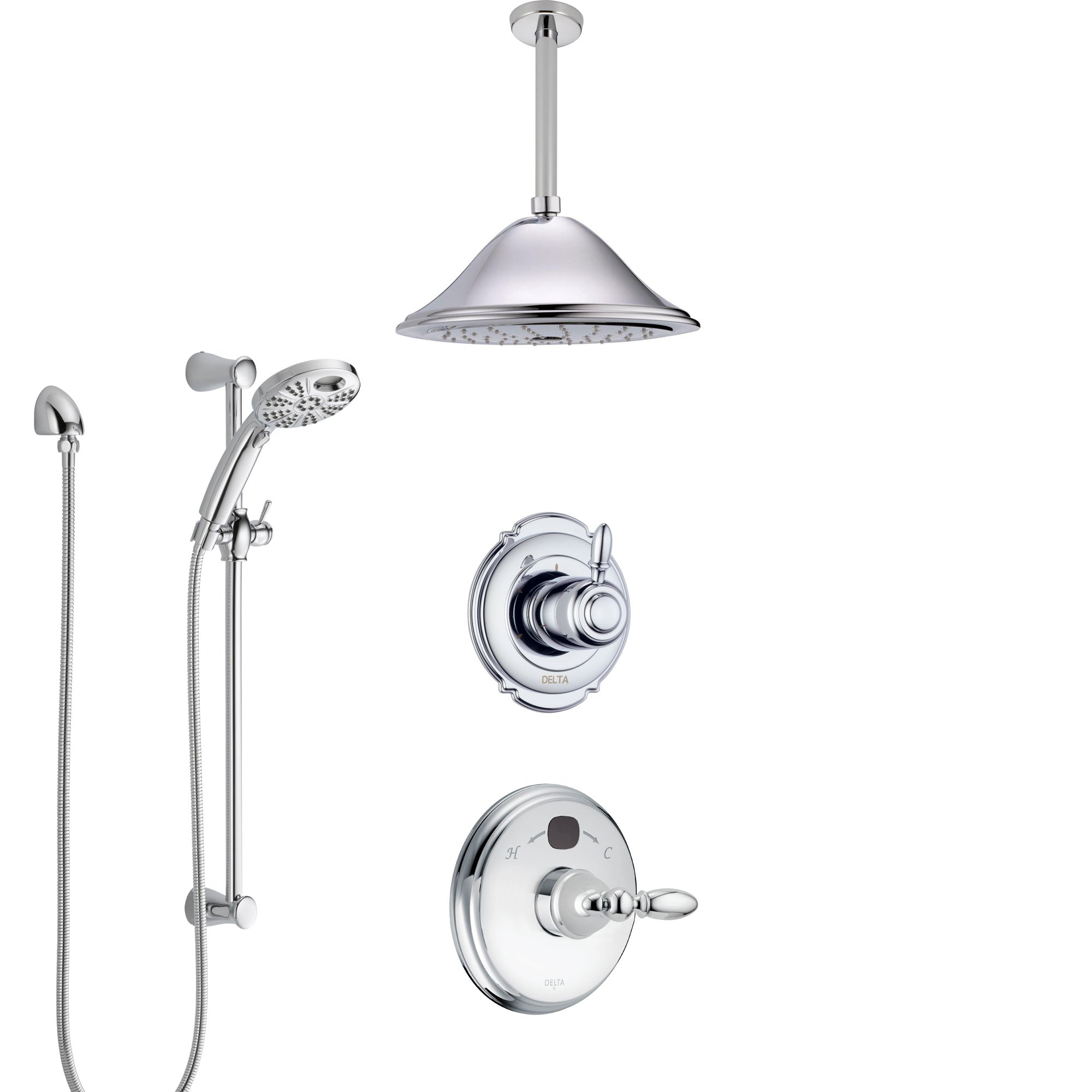 Delta Victorian Chrome Finish Shower System with Temp2O Control, 3-Setting Diverter, Ceiling Mount Showerhead, and Hand Shower with Slidebar SS140012