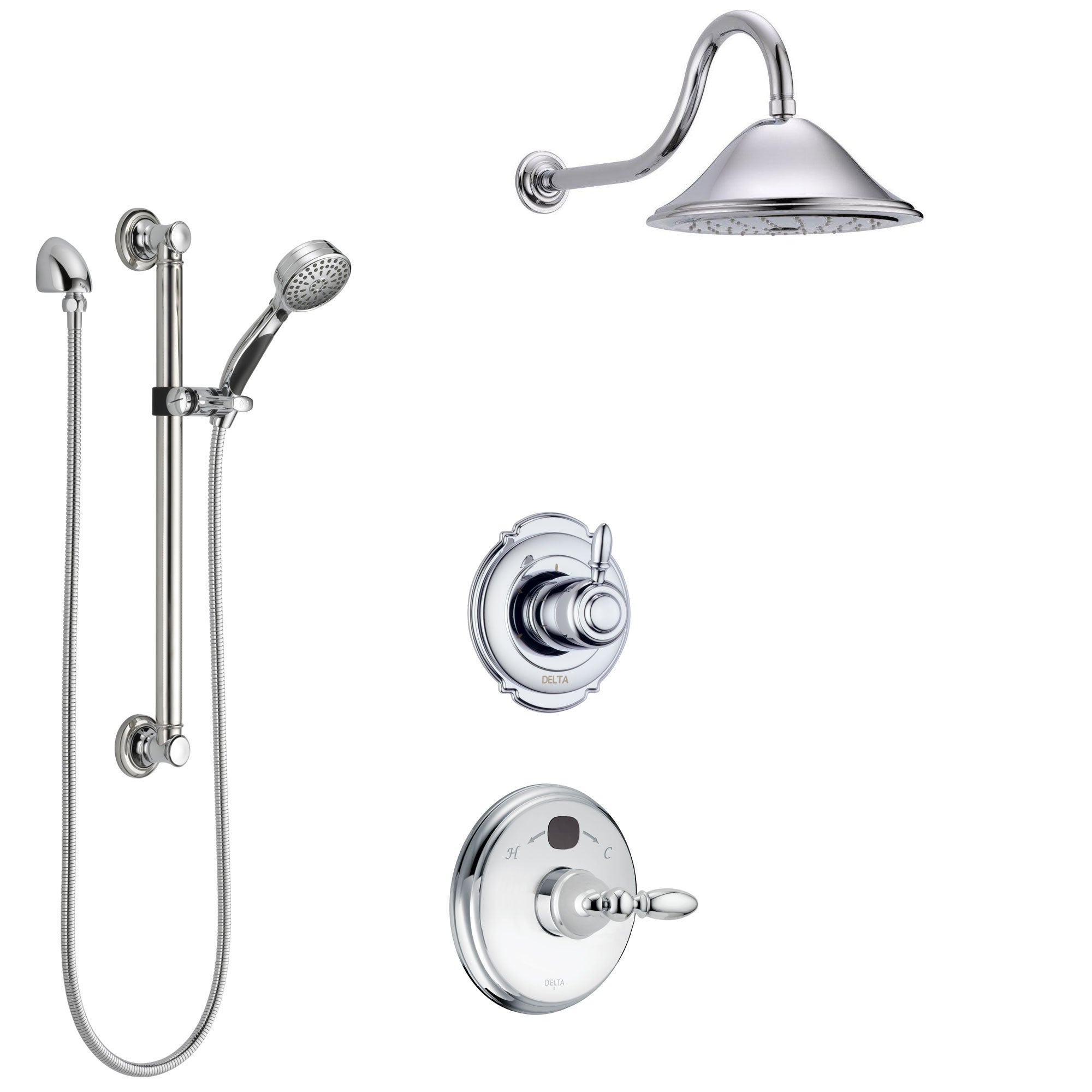 Delta Victorian Chrome Finish Shower System with Temp2O Control Handle, 3-Setting Diverter, Showerhead, and Hand Shower with Grab Bar SS140015