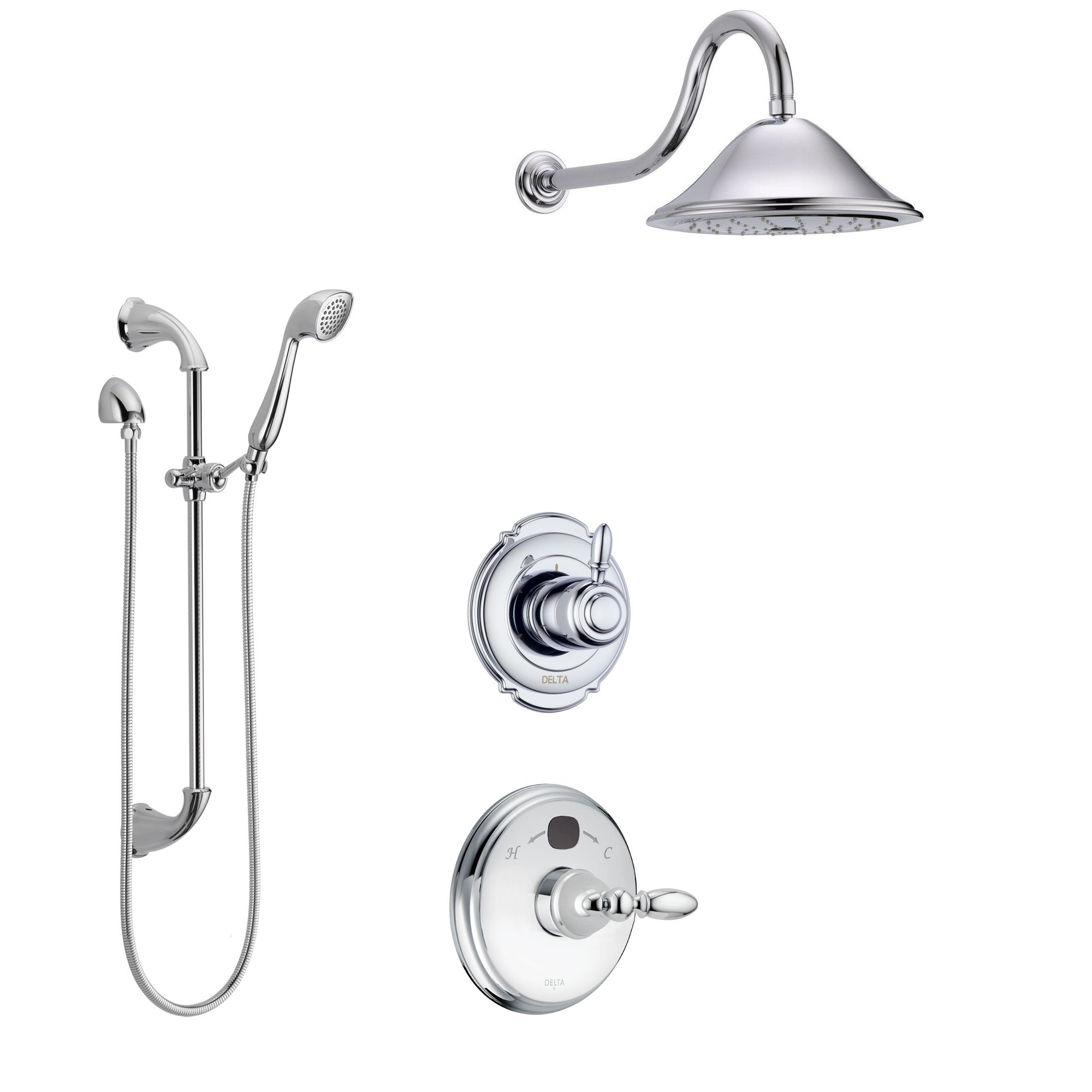 Delta Victorian Chrome Finish Shower System with Temp2O Control Handle, 3-Setting Diverter, Showerhead, and Hand Shower with Slidebar SS140017