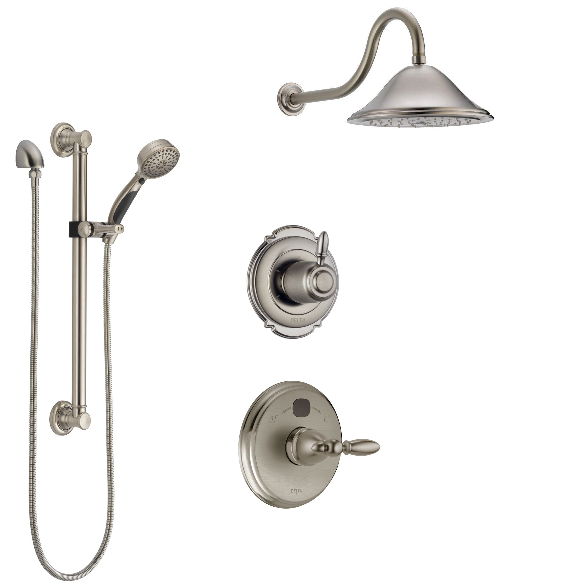 Delta Victorian Stainless Steel Finish Shower System with Temp2O Control, 3-Setting Diverter, Showerhead, and Hand Shower with Grab Bar SS14001SS3