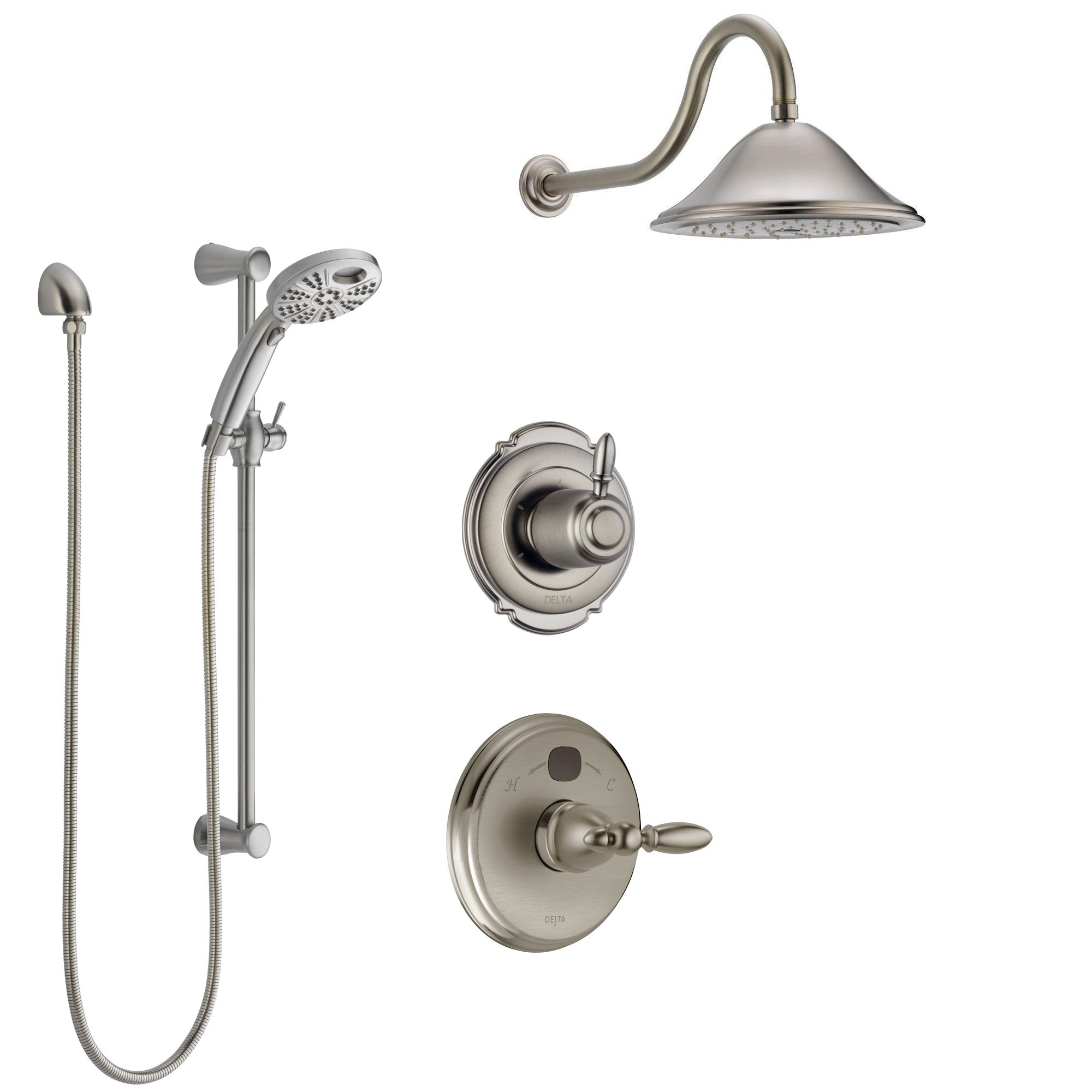 Delta Victorian Stainless Steel Finish Shower System with Temp2O Control, 3-Setting Diverter, Showerhead, and Hand Shower with Slidebar SS14001SS4