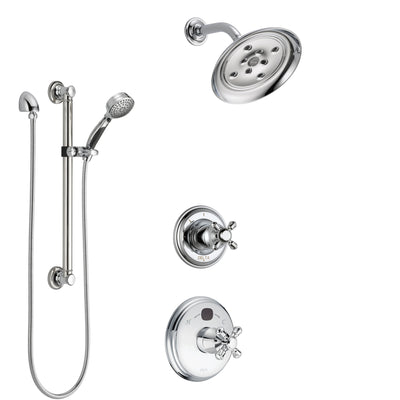 Delta Cassidy Chrome Finish Shower System with Temp2O Control Handle, 3-Setting Diverter, Showerhead, and Hand Shower with Grab Bar SS140033