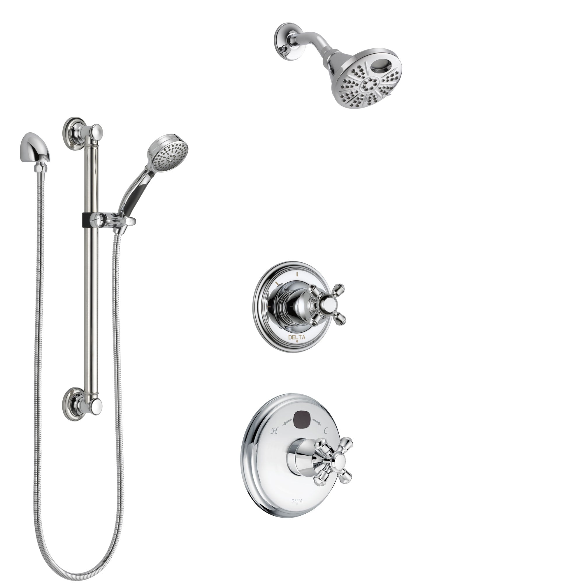 Delta Cassidy Chrome Finish Shower System with Temp2O Control Handle, 3-Setting Diverter, Showerhead, and Hand Shower with Grab Bar SS140039