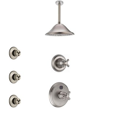 Delta Cassidy Stainless Steel Finish Shower System with Temp2O Control, 3-Setting Diverter, Ceiling Mount Showerhead, and 3 Body Sprays SS14004SS6