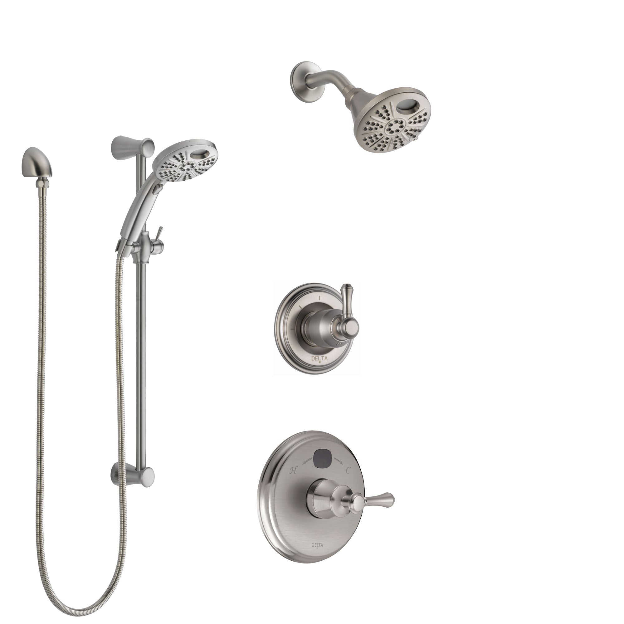 Delta Cassidy Stainless Steel Finish Shower System with Temp2O Control Handle, 3-Setting Diverter, Showerhead, and Hand Shower w/ Slidebar SS14005SS9