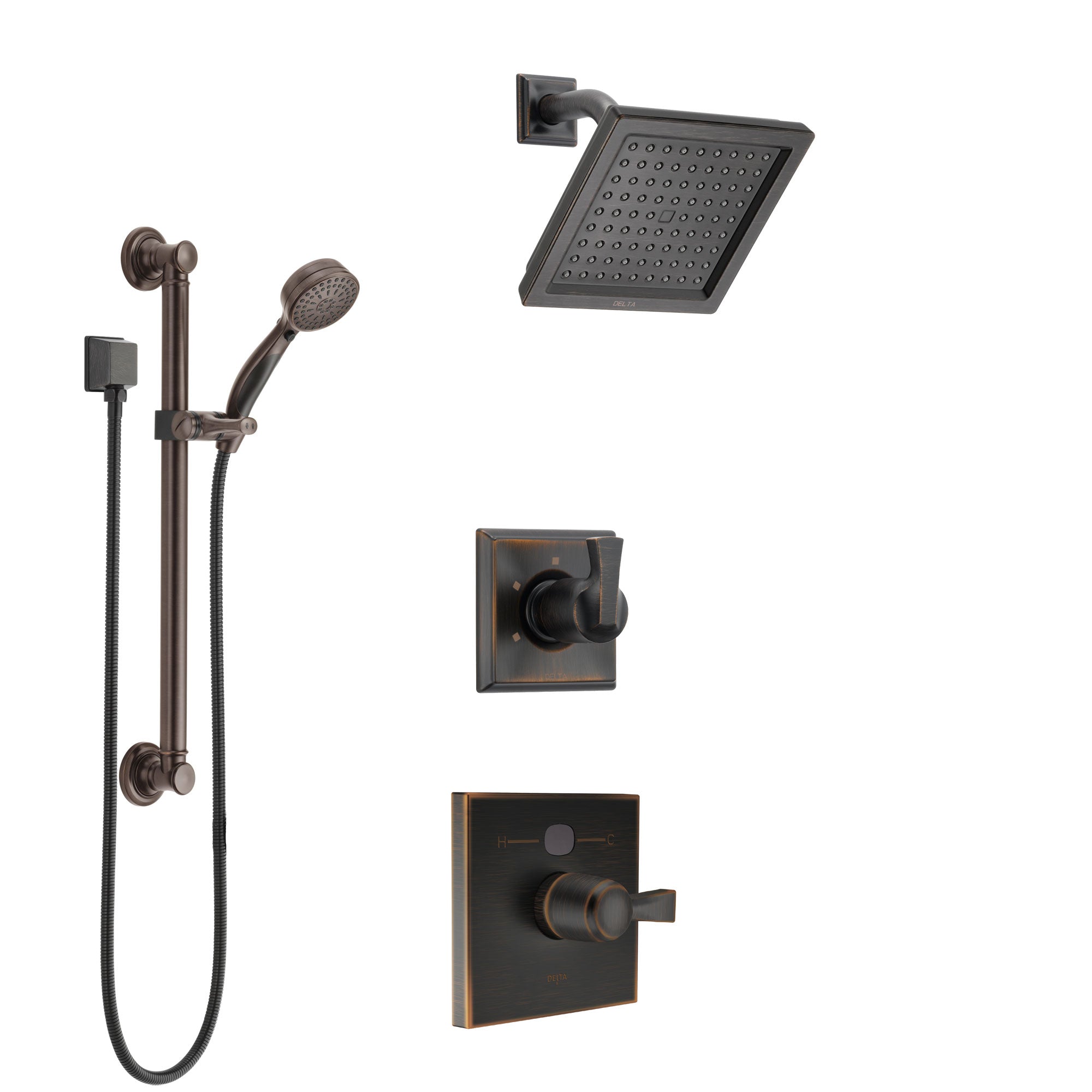 Delta Dryden Venetian Bronze Finish Shower System with Temp2O Control Handle, 3-Setting Diverter, Showerhead, and Hand Shower with Grab Bar SS1401RB6