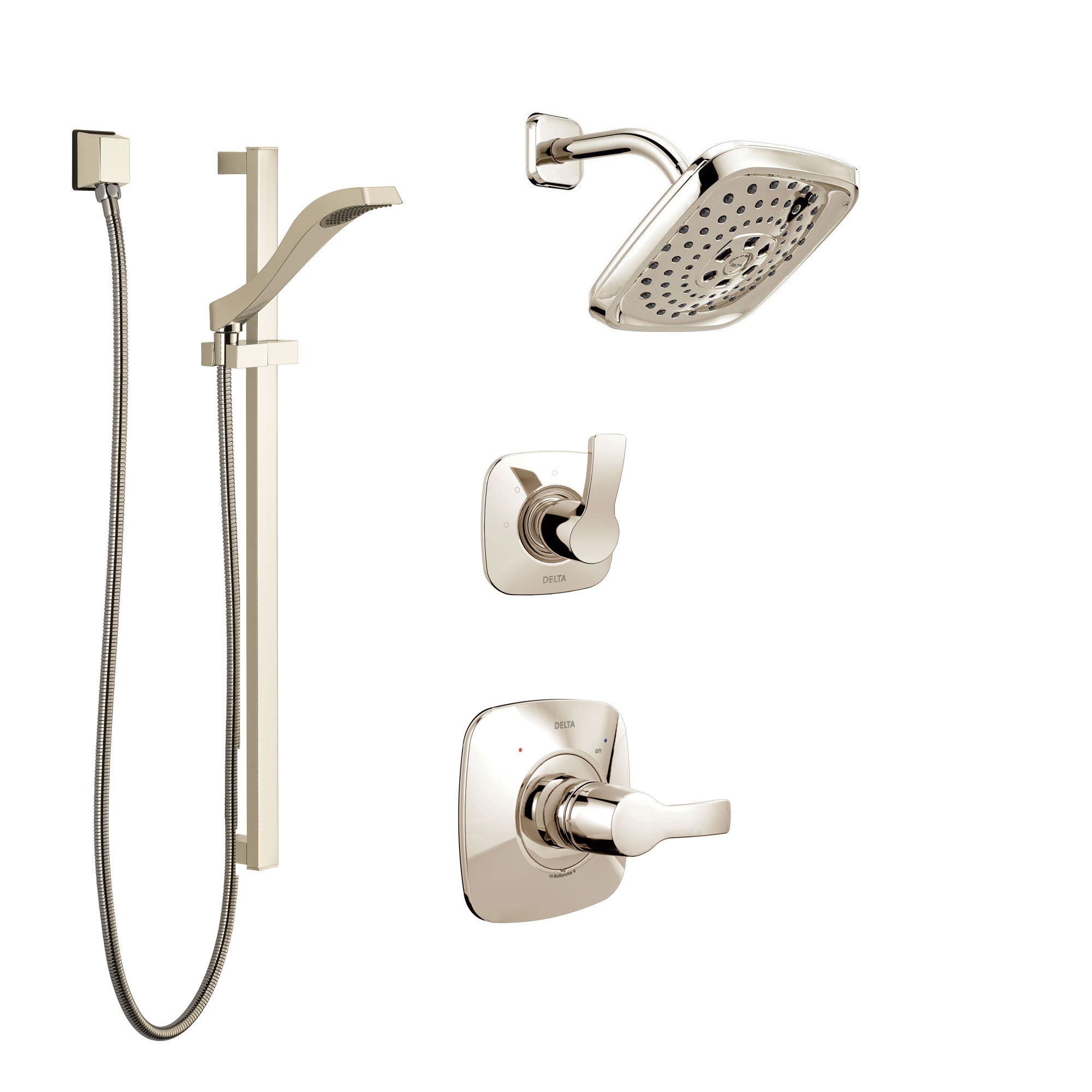 Delta Tesla Polished Nickel Finish Shower System with Control Handle, 3-Setting Diverter, Showerhead, and Hand Shower with Slidebar SS14252PN3