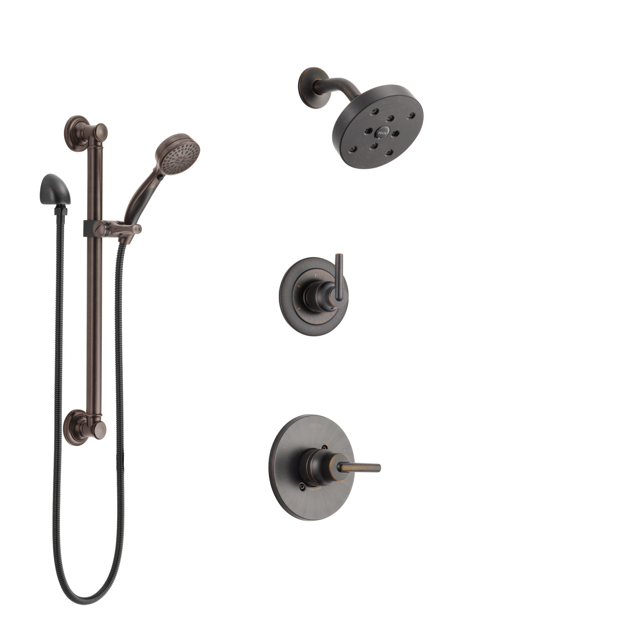 Delta Trinsic Venetian Bronze Finish Shower System with Control Handle, 3-Setting Diverter, Showerhead, and Hand Shower with Grab Bar SS14259RB3