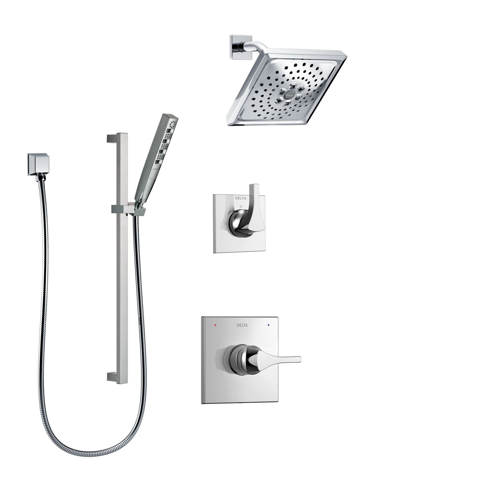 Delta Zura Chrome Finish Shower System with Control Handle, 3-Setting Diverter, Showerhead, and Hand Shower with Slidebar SS142746