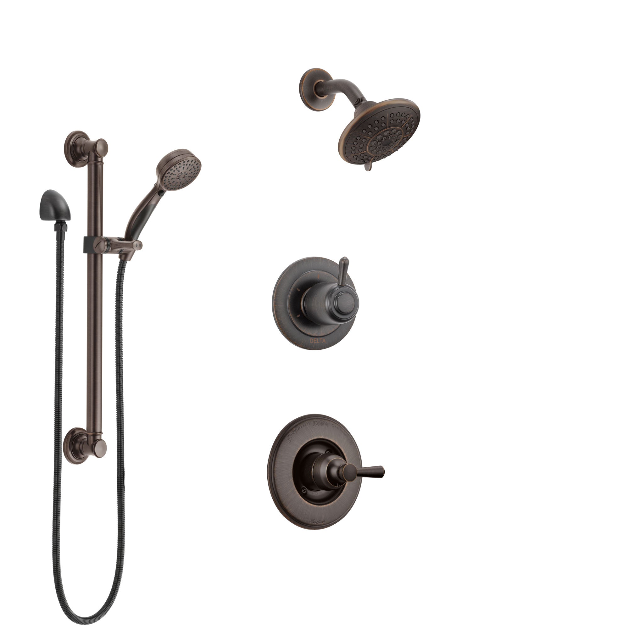 Delta Linden Venetian Bronze Finish Shower System with Control Handle, 3-Setting Diverter, Showerhead, and Hand Shower with Grab Bar SS14293RB3