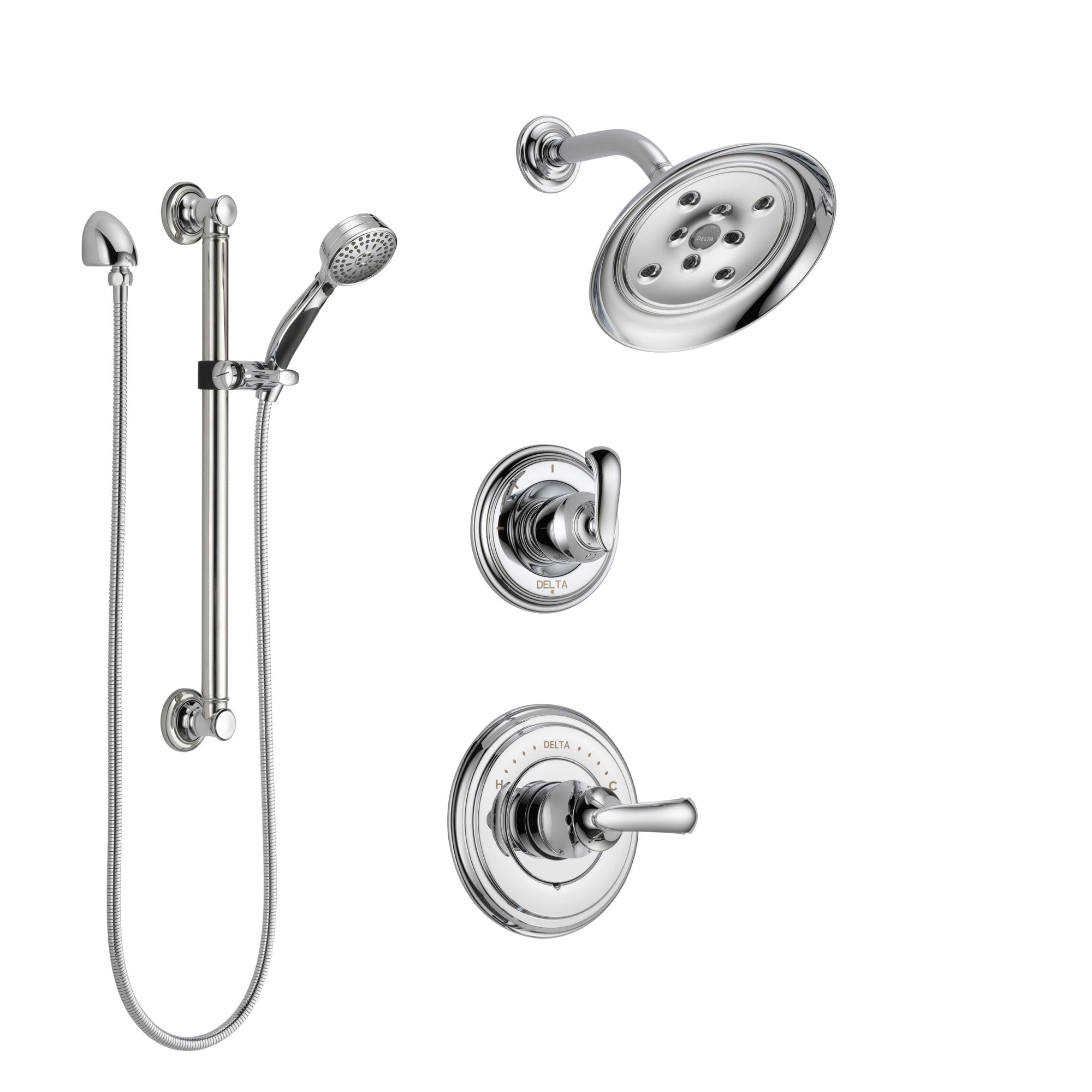 Delta Cassidy Chrome Finish Shower System with Control Handle, 3-Setting Diverter, Showerhead, and Hand Shower with Grab Bar SS1429713