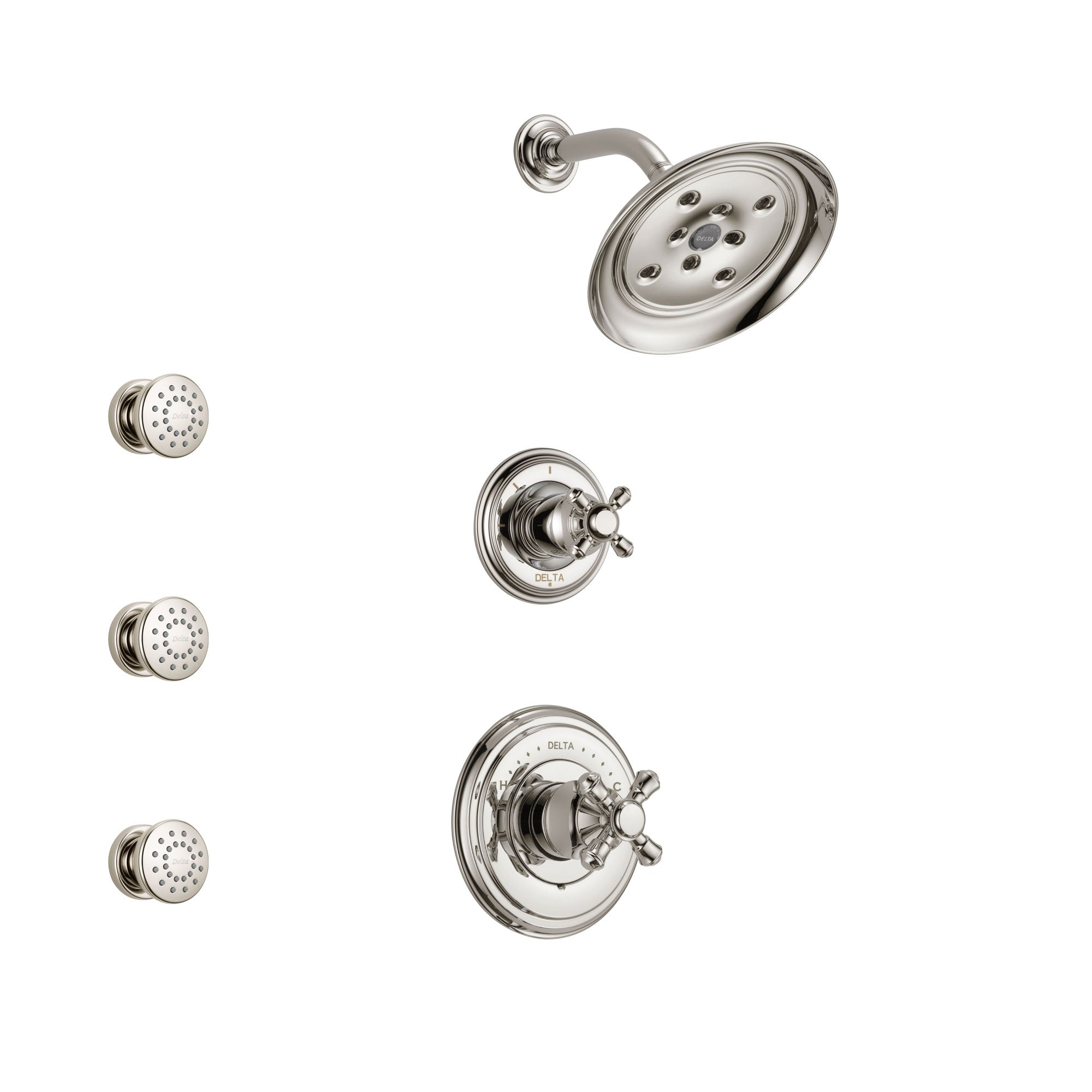 Delta Cassidy Polished Nickel Finish Shower System with Control Handle, 3-Setting Diverter, Showerhead, and 3 Body Sprays SS142971PN1