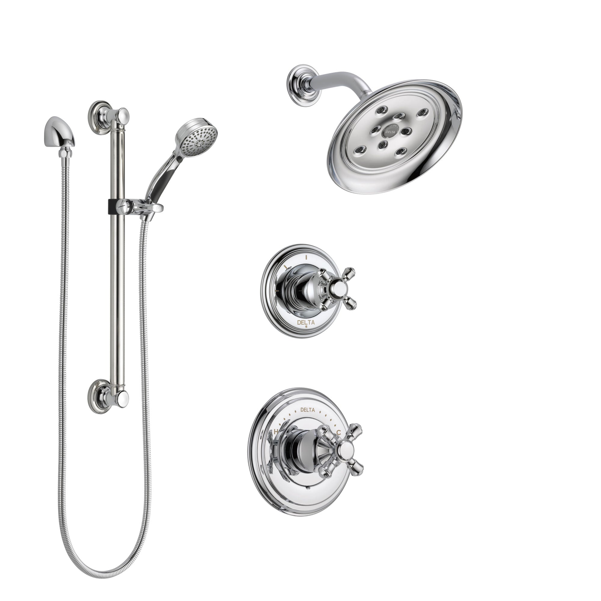 Delta Cassidy Chrome Finish Shower System with Control Handle, 3-Setting Diverter, Showerhead, and Hand Shower with Grab Bar SS1429723