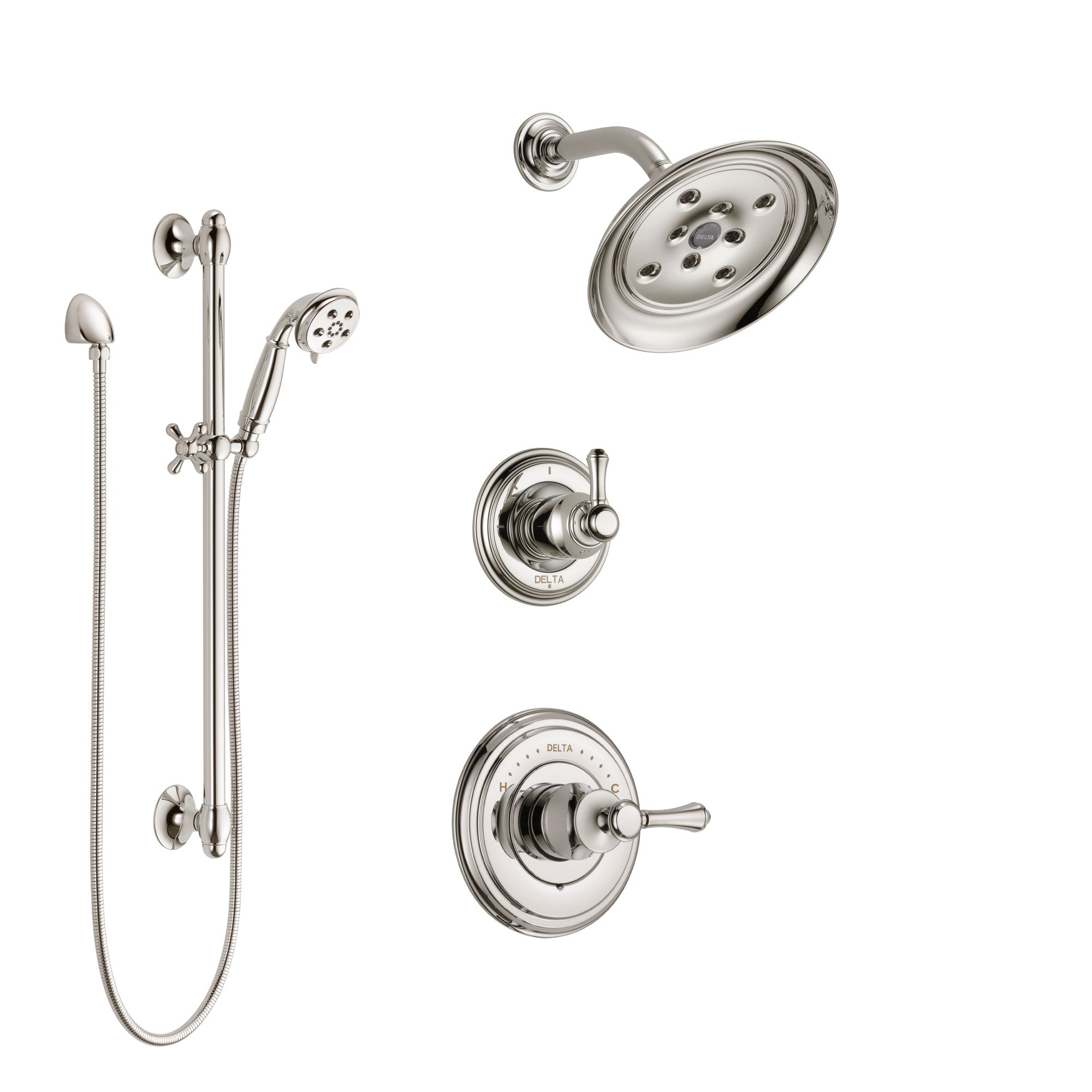 Delta Cassidy Polished Nickel Finish Shower System with Control Handle, 3-Setting Diverter, Showerhead, and Hand Shower with Slidebar SS142972PN2