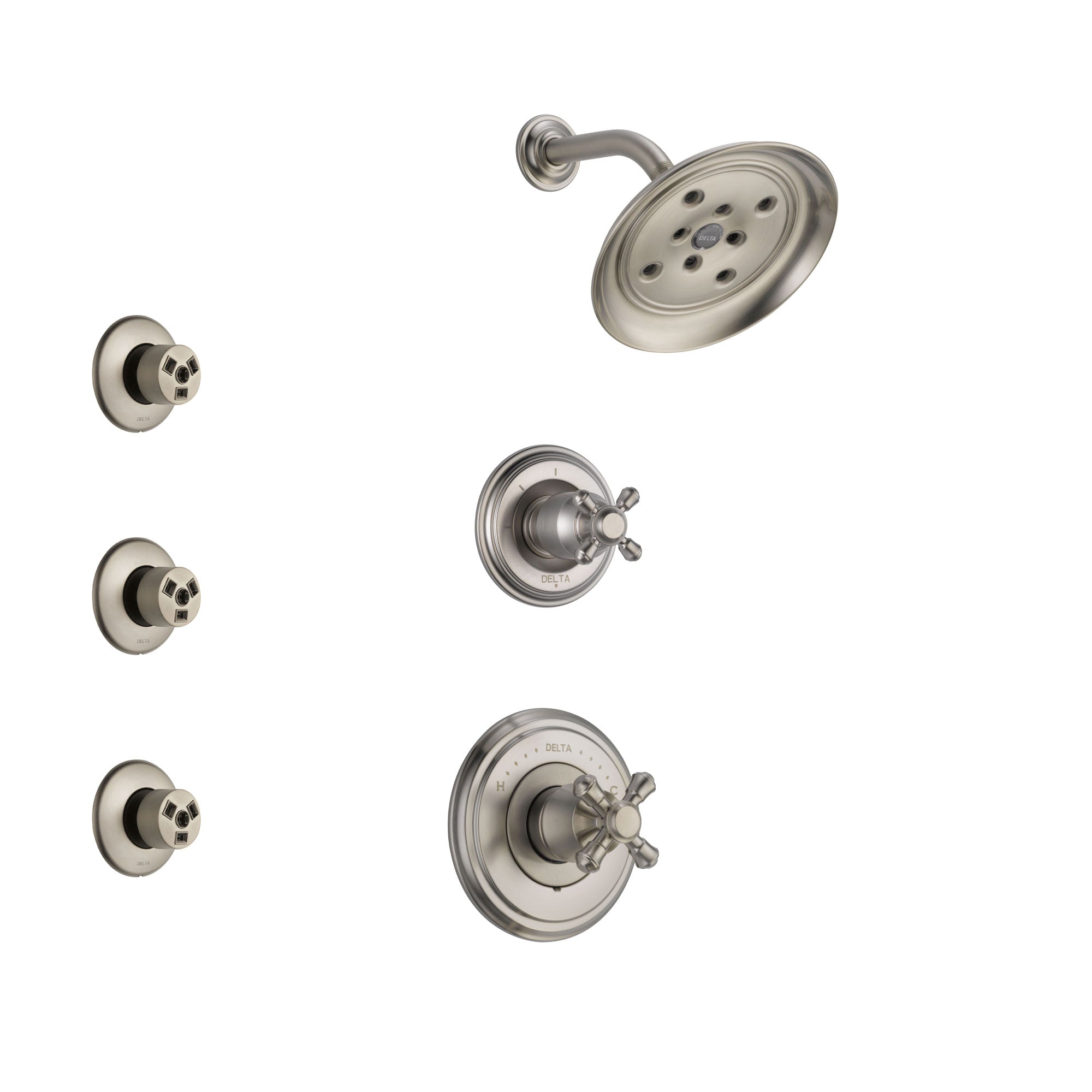 Delta Cassidy Stainless Steel Finish Shower System with Control Handle, 3-Setting Diverter, Showerhead, and 3 Body Sprays SS142972SS1