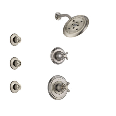 Delta Cassidy Stainless Steel Finish Shower System with Control Handle, 3-Setting Diverter, Showerhead, and 3 Body Sprays SS142972SS2