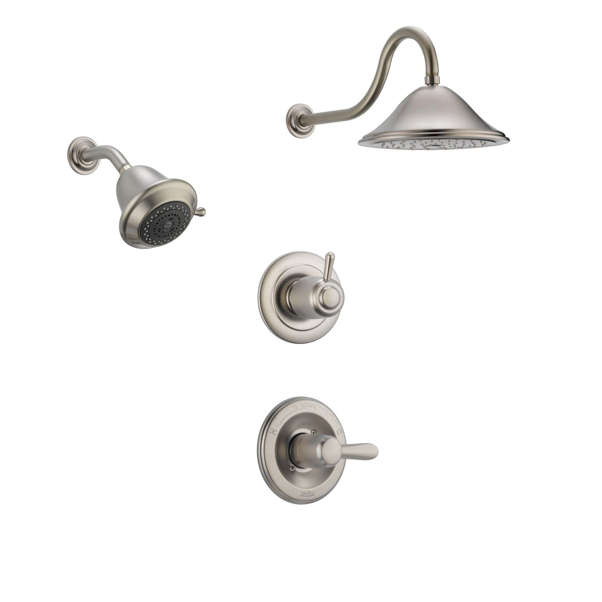 Delta Lahara Stainless Steel Shower System with Normal Shower Handle, 3-setting Diverter, Large Ceiling Mount Showerhead, and Wall Mount Showerhead SS143883SS