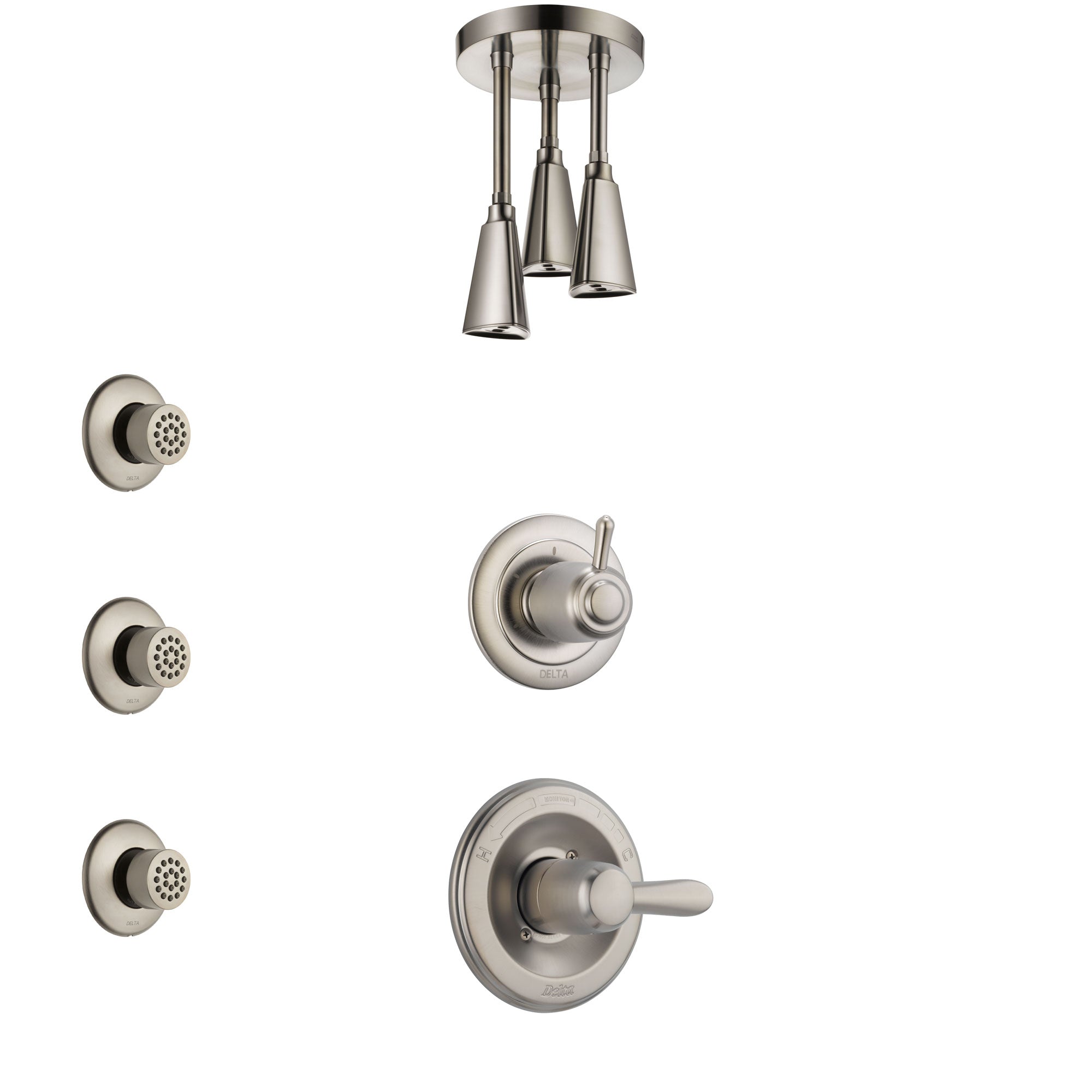 Delta Lahara Stainless Steel Finish Shower System with Control Handle, 3-Setting Diverter, Ceiling Mount Showerhead, and 3 Body Sprays SS1438SS8