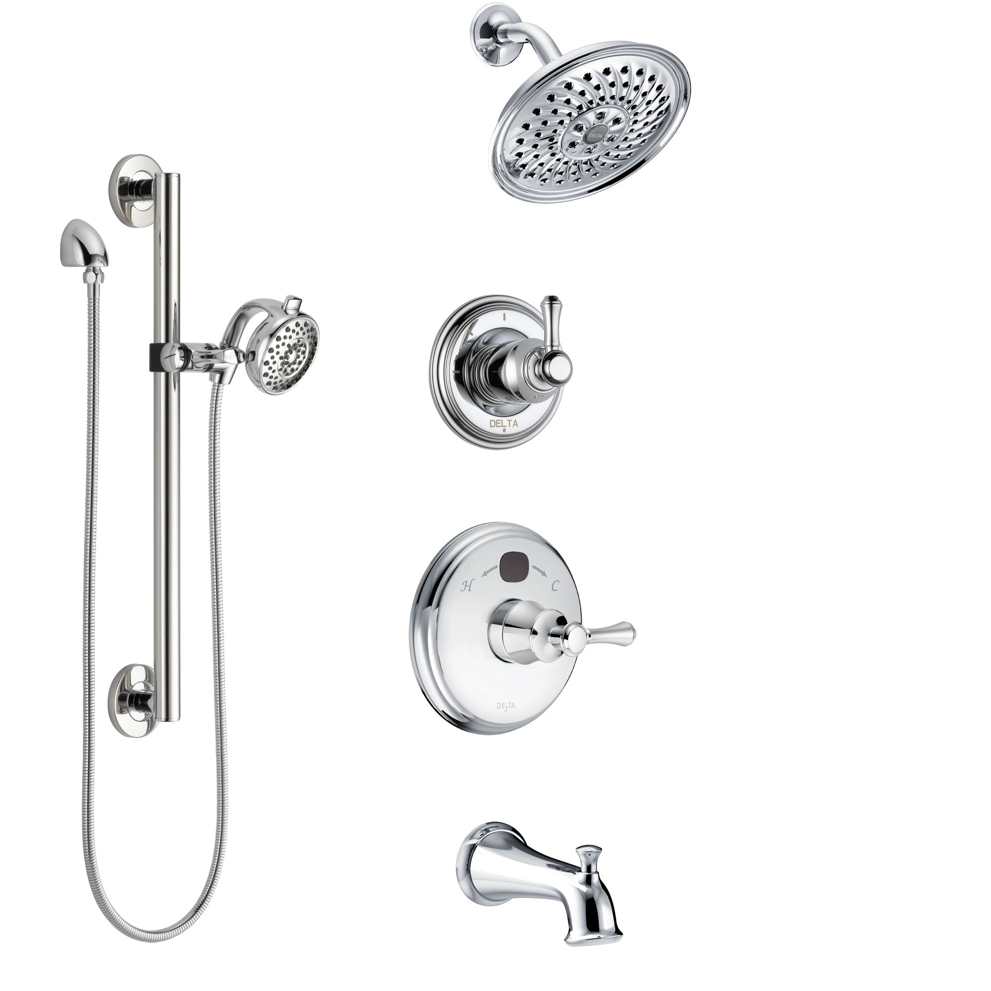 Delta Cassidy Chrome Finish Tub and Shower System with Temp2O Control Handle, 3-Setting Diverter, Showerhead, and Hand Shower with Grab Bar SS144005