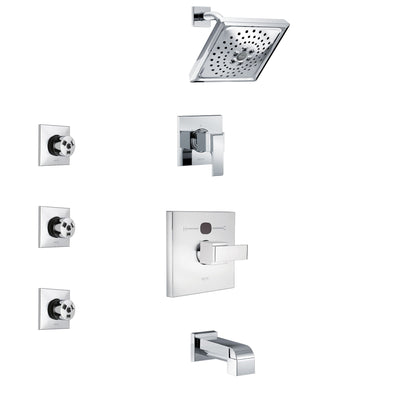 Delta Ara Chrome Finish Tub and Shower System with Temp2O Control Handle, 3-Setting Diverter, Showerhead, and 3 Body Sprays SS144012