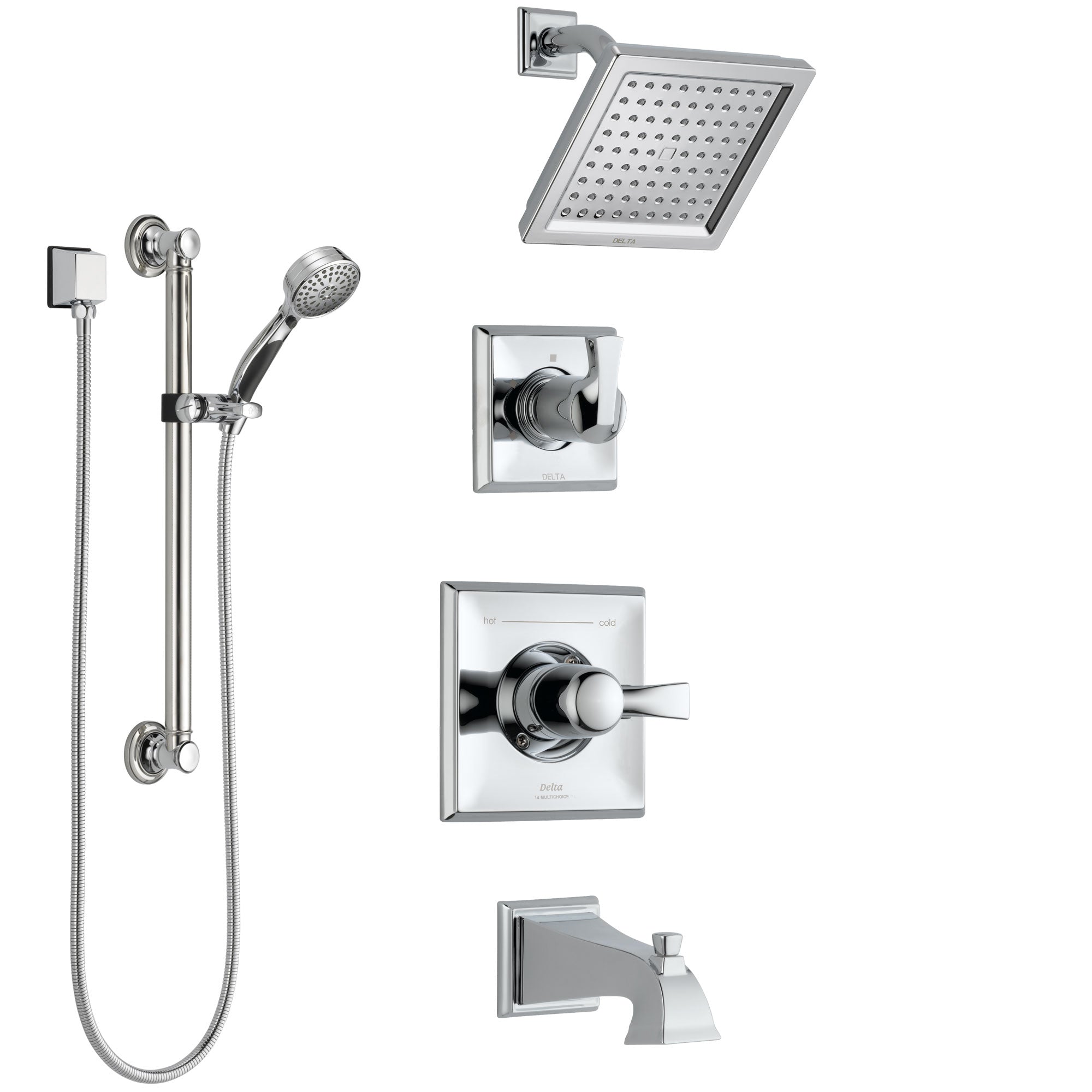 Delta Dryden Chrome Finish Tub and Shower System with Control Handle, 3-Setting Diverter, Showerhead, and Hand Shower with Grab Bar SS1445123