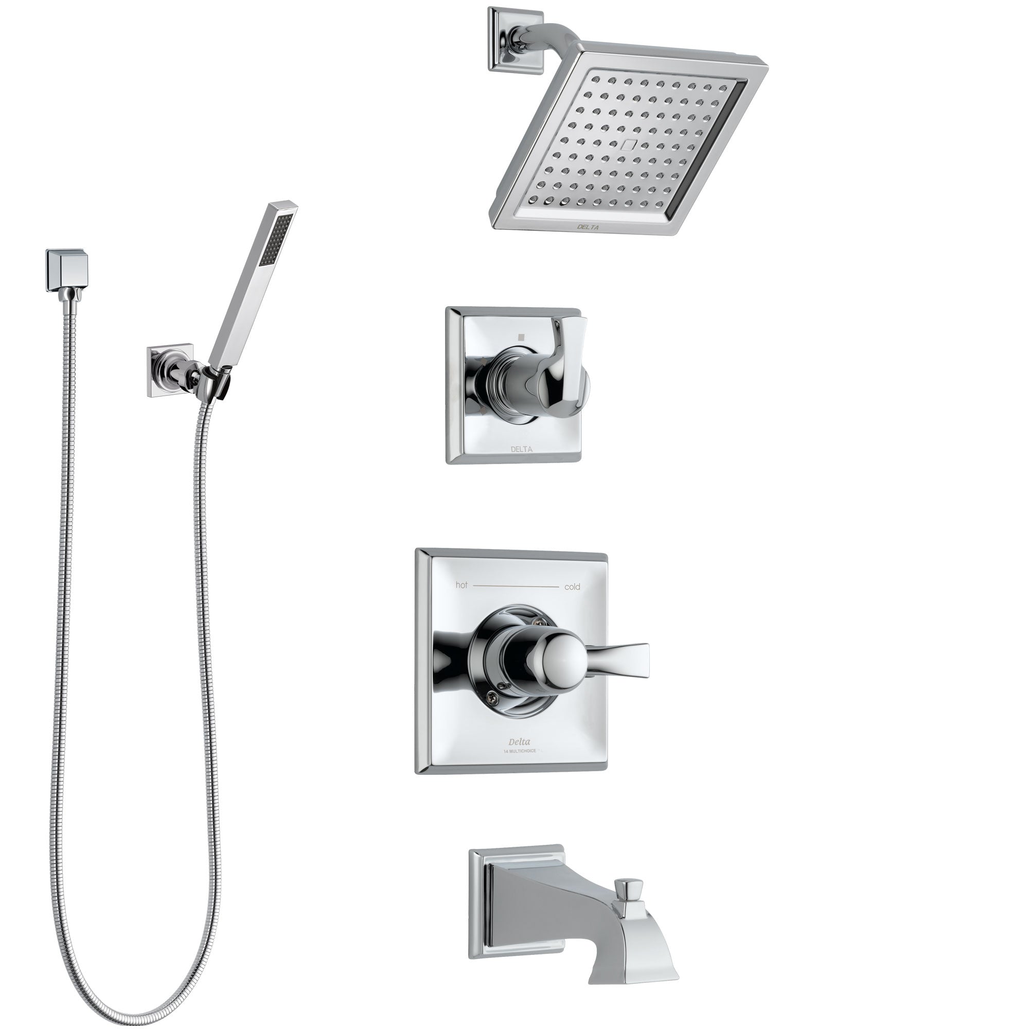 Delta Dryden Chrome Finish Tub and Shower System with Control Handle, 3-Setting Diverter, Showerhead, and Hand Shower with Wall Bracket SS1445125