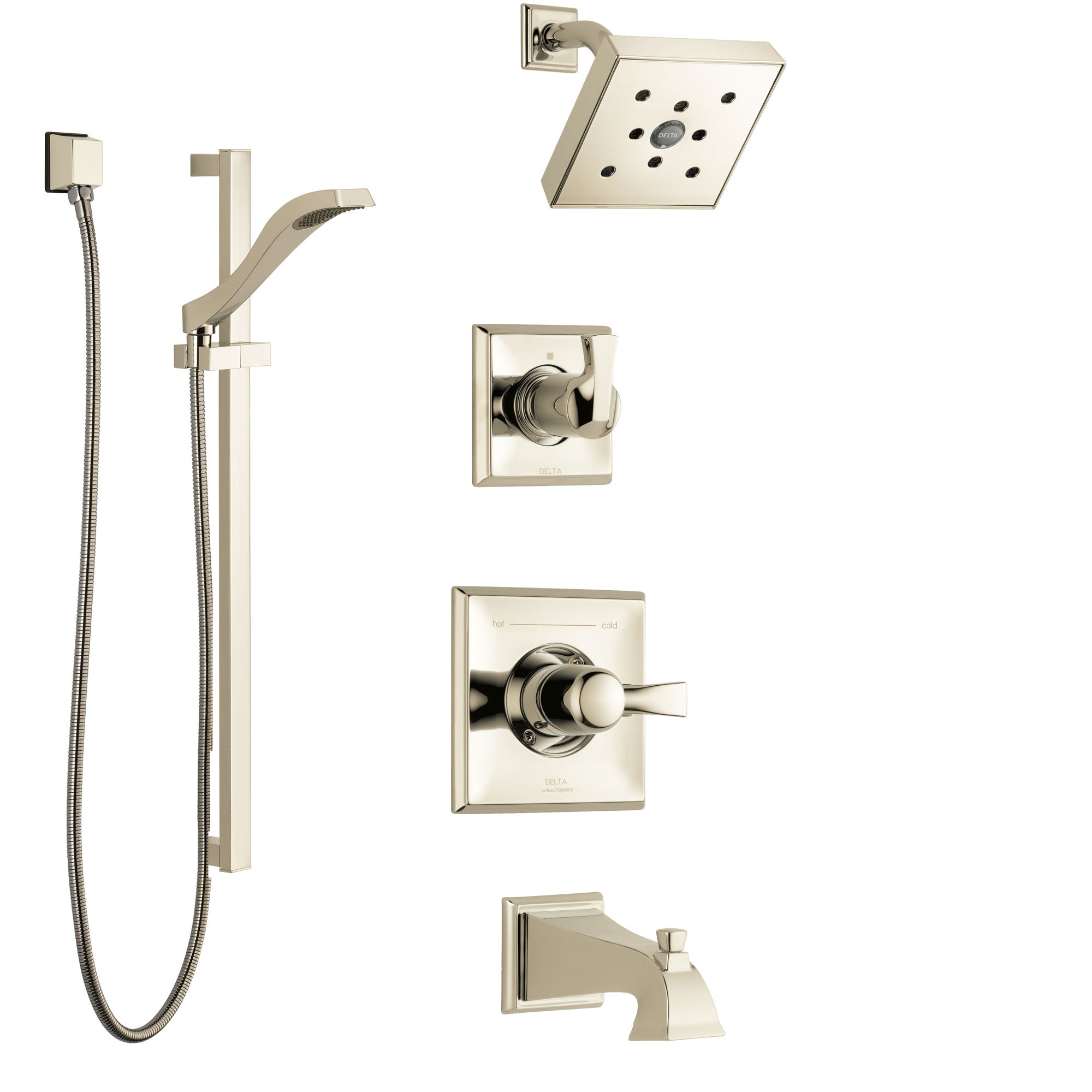 Delta Dryden Polished Nickel Tub and Shower System with Control Handle, 3-Setting Diverter, Showerhead, and Hand Shower with Slidebar SS144512PN2