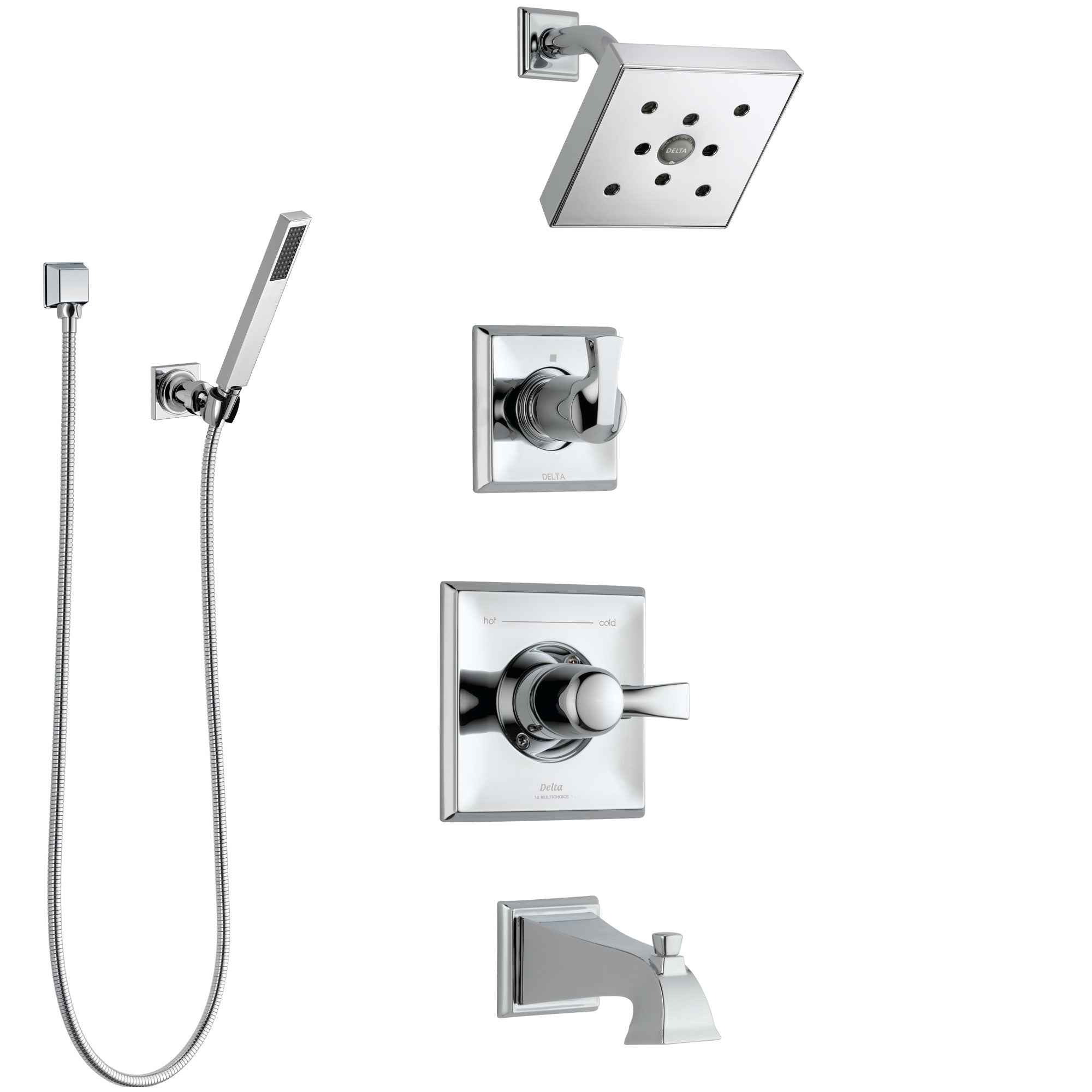 Delta Dryden Chrome Finish Tub and Shower System with Control Handle, 3-Setting Diverter, Showerhead, and Hand Shower with Wall Bracket SS1445134