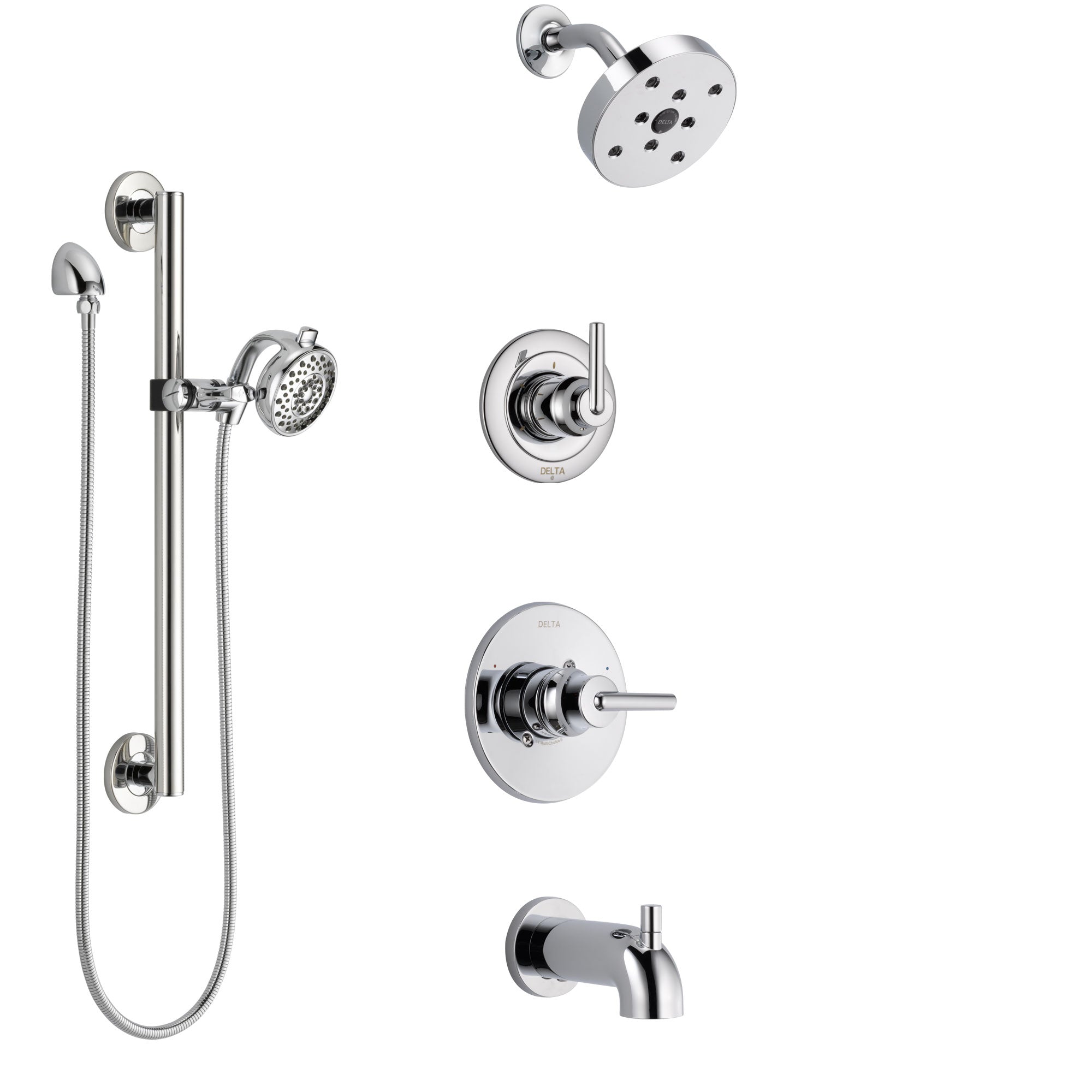 Delta Trinsic Chrome Finish Tub and Shower System with Control Handle, 3-Setting Diverter, Showerhead, and Hand Shower with Grab Bar SS144595