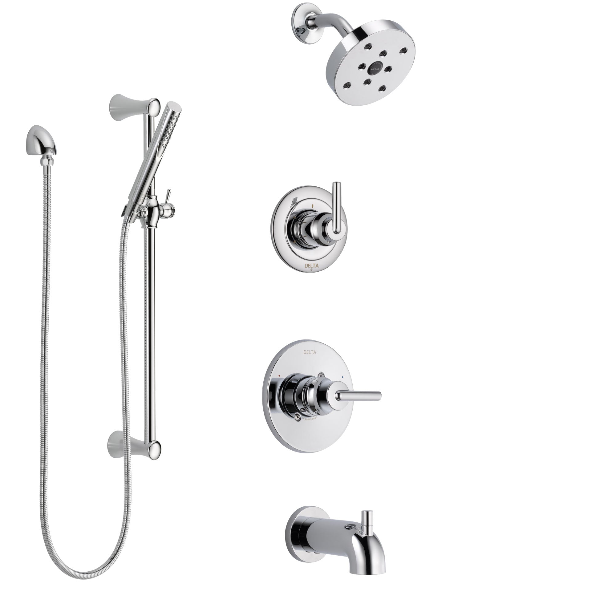 Delta Trinsic Chrome Finish Tub and Shower System with Control Handle, 3-Setting Diverter, Showerhead, and Hand Shower with Slidebar SS144596