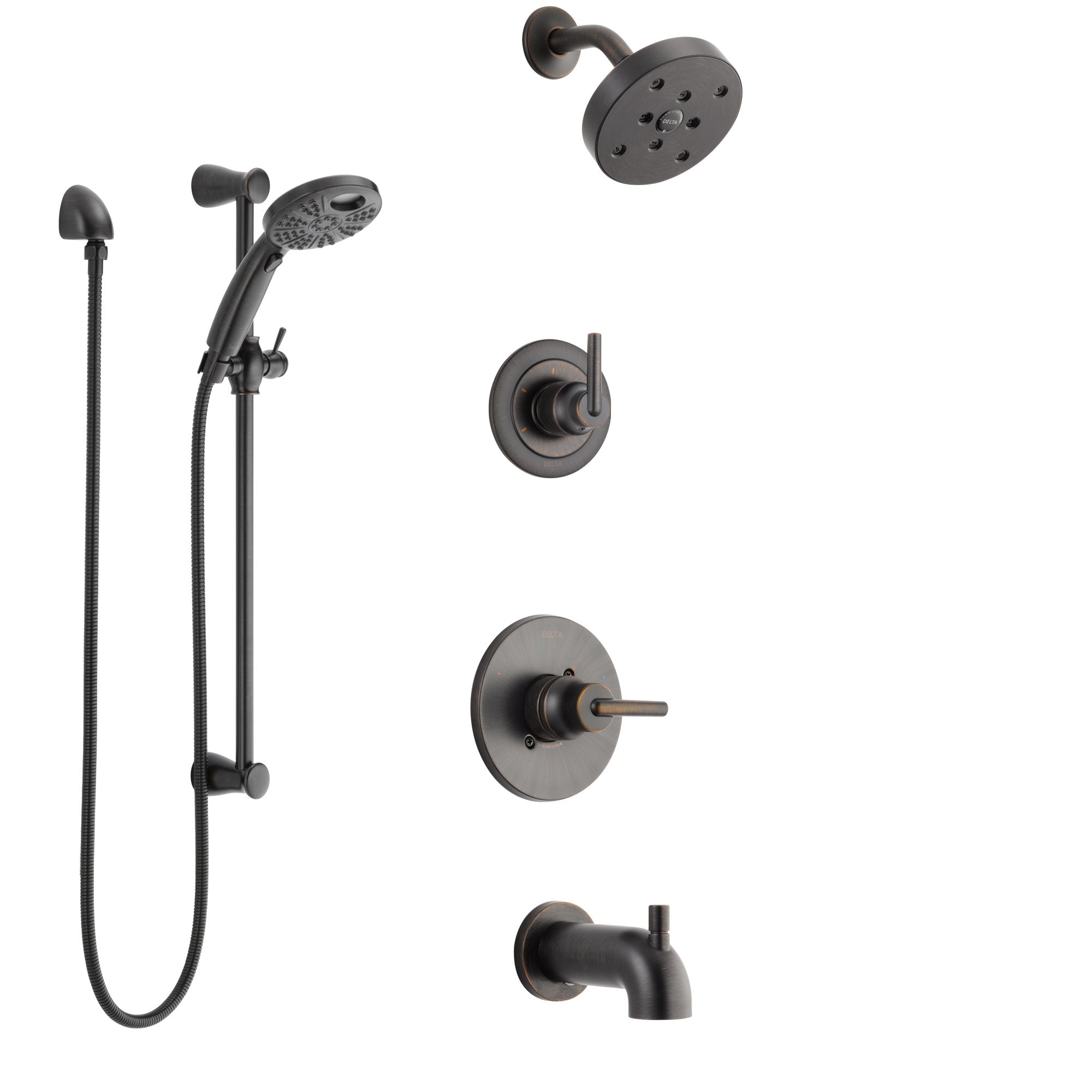 Delta Trinsic Venetian Bronze Tub and Shower System with Control Handle, 3-Setting Diverter, Showerhead, & Temp2O Hand Shower with Slidebar SS14459RB4