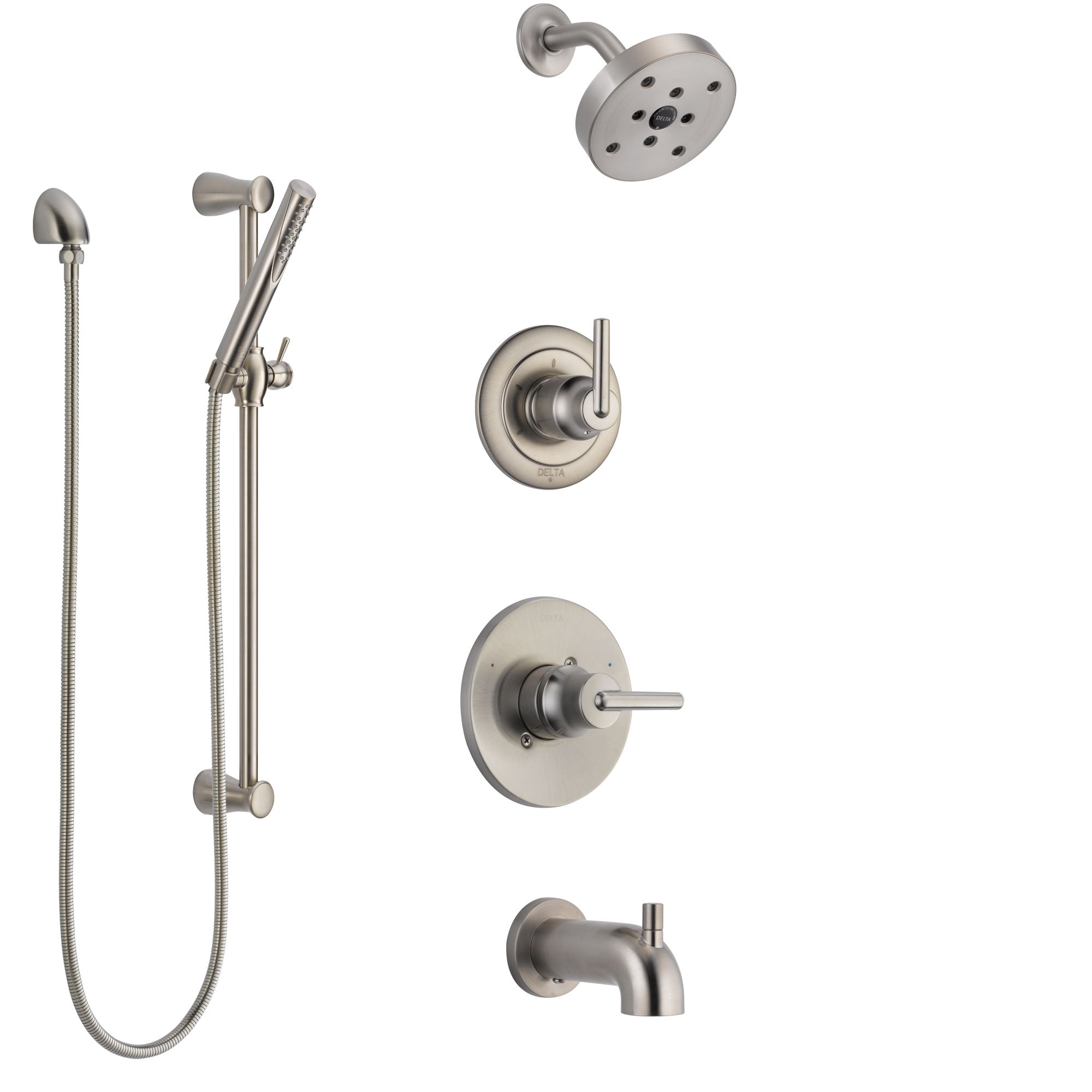 Delta Trinsic Stainless Steel Finish Tub and Shower System with Control Handle, Diverter, Showerhead, and Hand Shower with Slidebar SS14459SS5