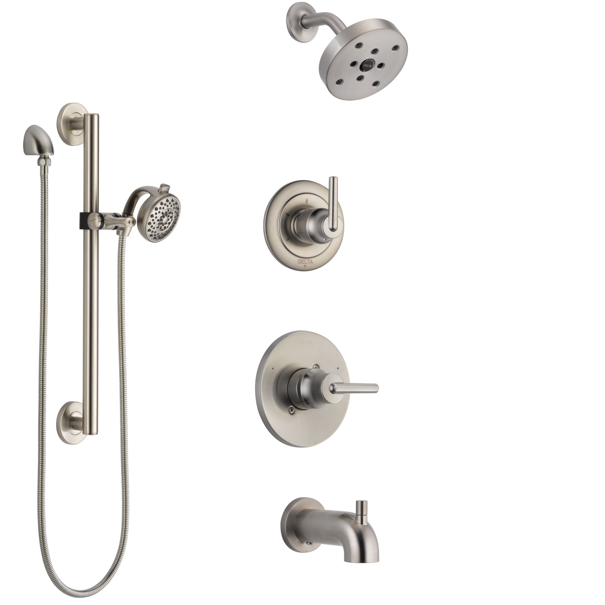 Delta Trinsic Stainless Steel Finish Tub and Shower System with Control Handle, Diverter, Showerhead, and Hand Shower with Grab Bar SS14459SS6