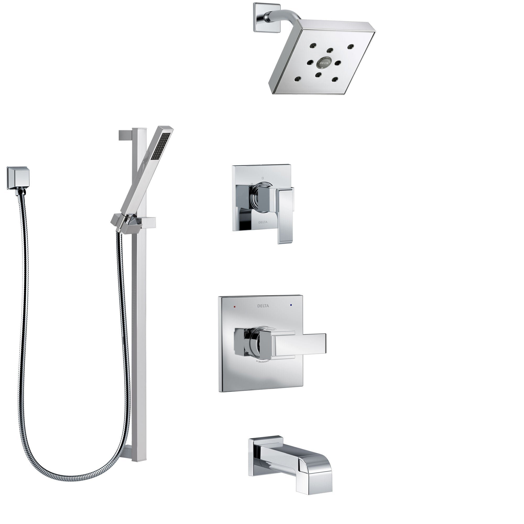 Delta Ara Chrome Finish Tub and Shower System with Control Handle, 3-Setting Diverter, Showerhead, and Hand Shower with Slidebar SS144674