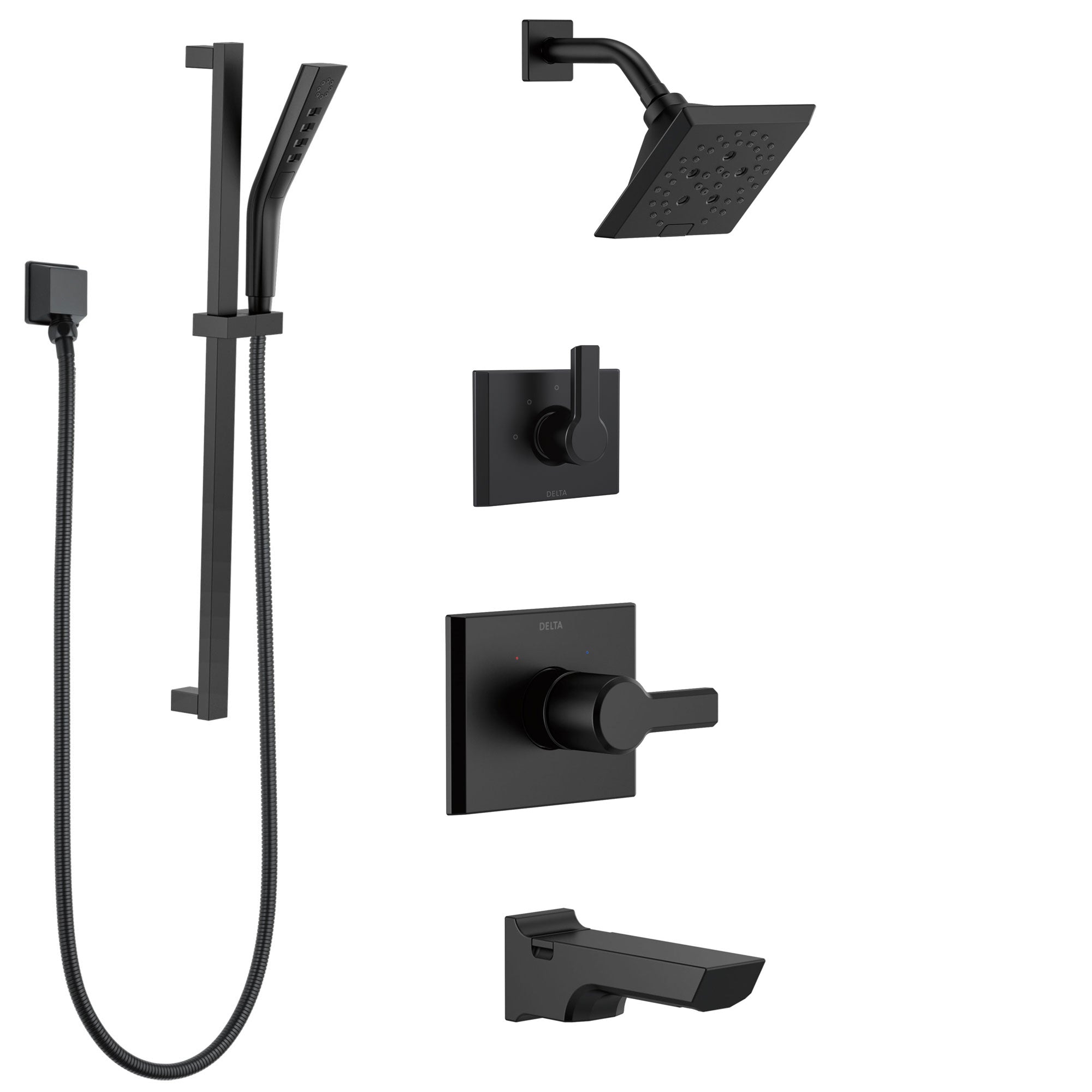 Delta Pivotal Matte Black Finish Angular Modern Shower System with Tub Spout, Multi-Setting Showerhead, and Hand Shower with Slide Bar SS144993BL2