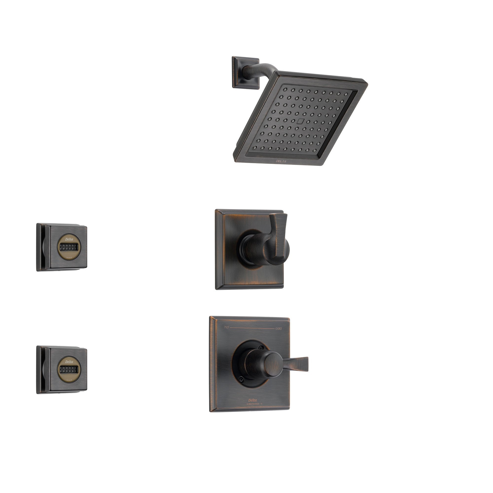 Delta Dryden Venetian Bronze Shower System with Normal Shower Handle, 3-setting Diverter, Modern Square Showerhead, and 2 Body Sprays SS145181RB