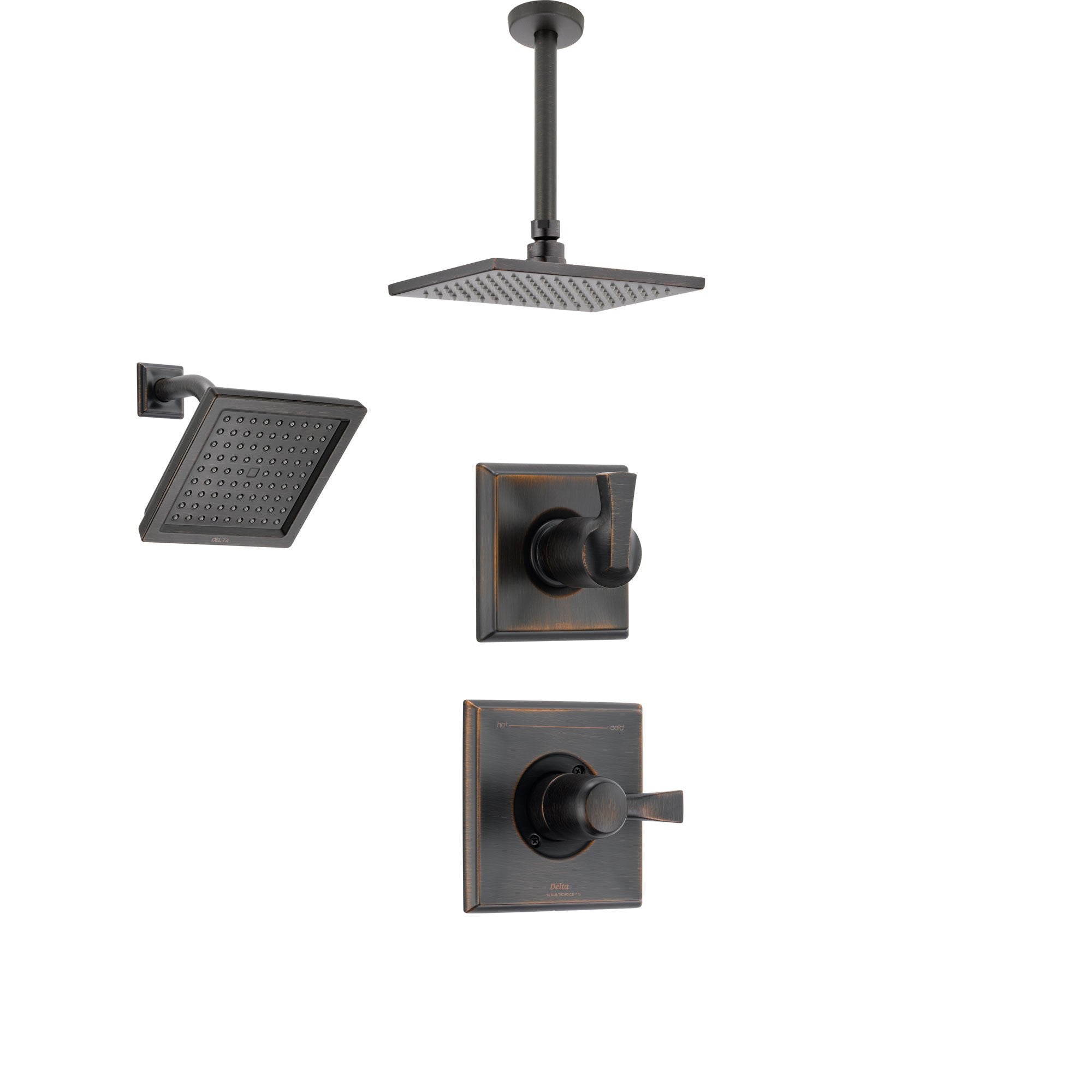 Delta Dryden Venetian Bronze Shower System with Normal Shower Handle, 3-setting Diverter, Large Square Modern Ceiling Mount Showerhead, and Wall Mount Showerhead SS145184RB