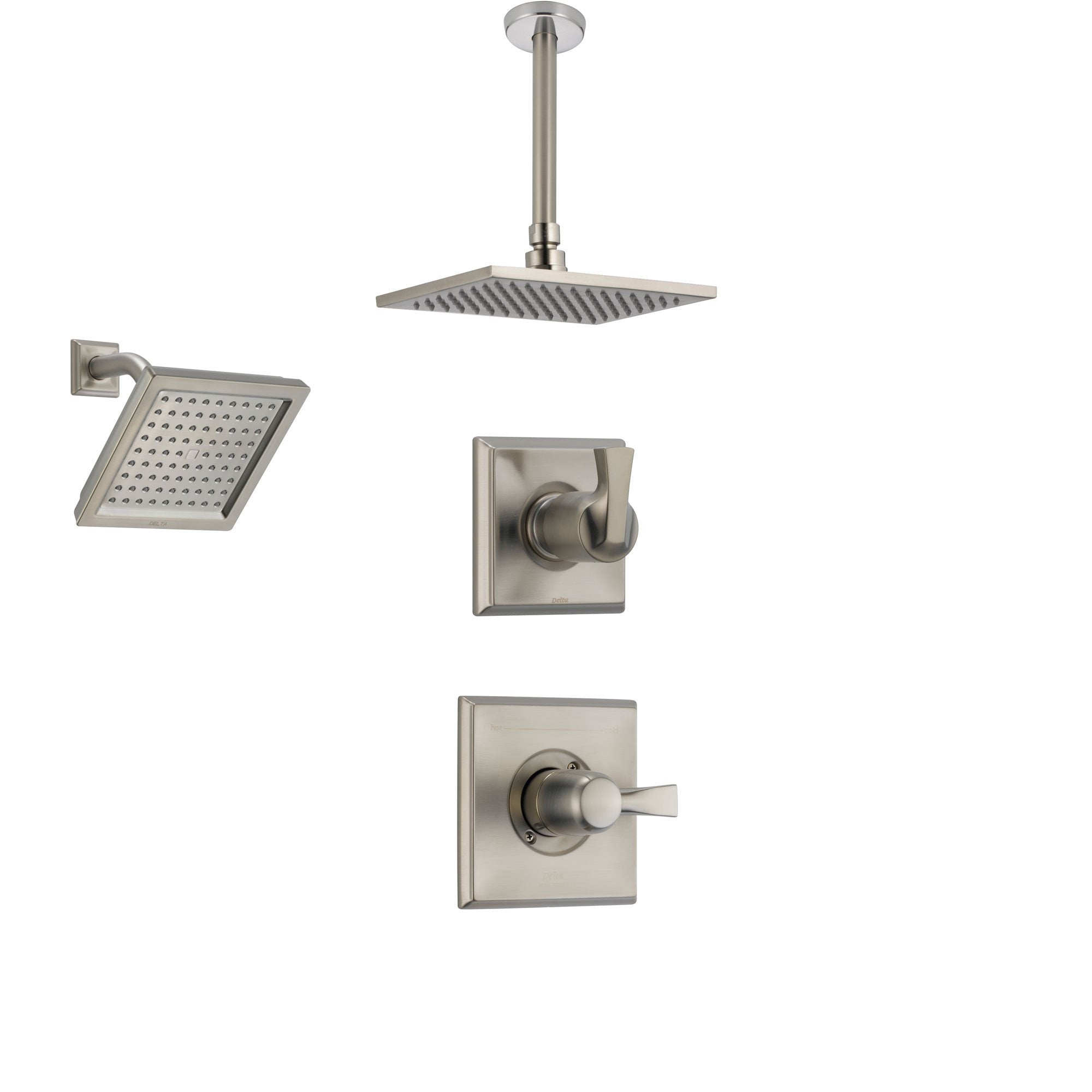 Delta Dryden Stainless Steel Shower System with Normal Shower Handle, 3-setting Diverter, Large Square Rain Ceiling Mount Showerhead, and Wall Mount Modern Showerhead SS145184SS