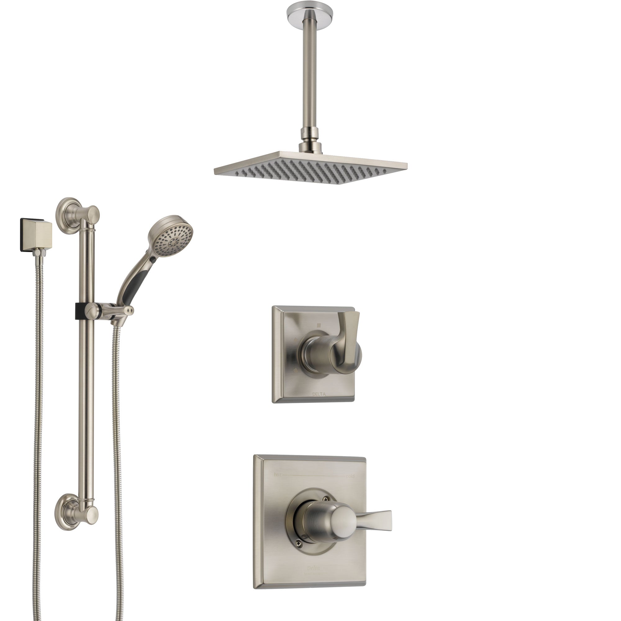 Delta Dryden Stainless Steel Finish Shower System with Control Handle, Diverter, Ceiling Mount Showerhead, and Hand Shower with Grab Bar SS1451SS2