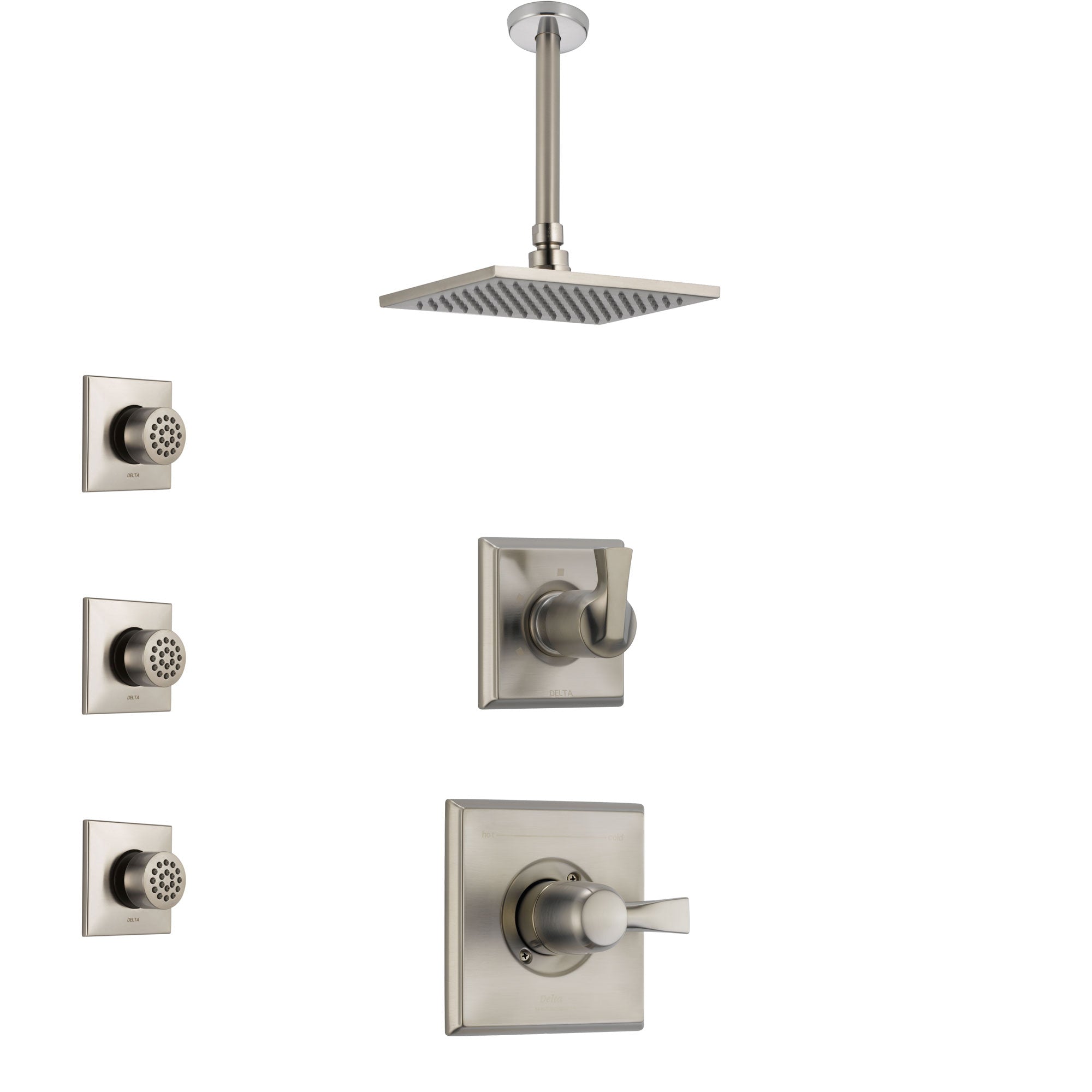 Delta Dryden Stainless Steel Finish Shower System with Control Handle, 3-Setting Diverter, Ceiling Mount Showerhead, and 3 Body Sprays SS1451SS8